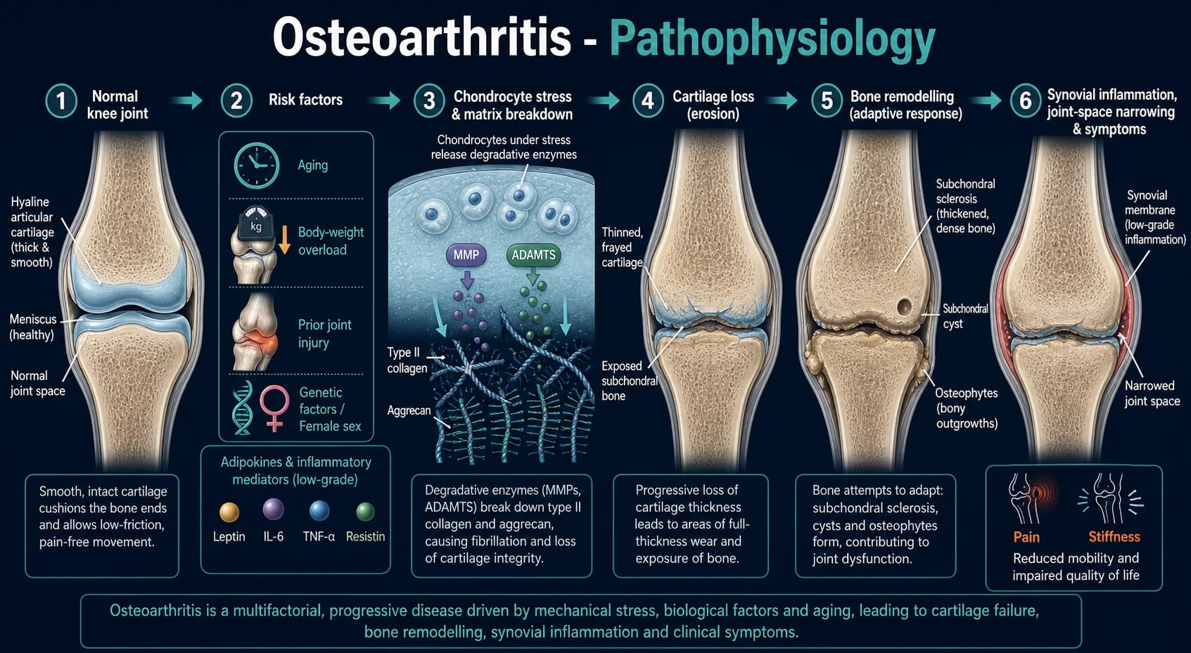 Clean horizontal pathophysiology infographic: mechanical overload and risk factors, chondrocyte release of MMP and ADAMTS degrading type II collagen and aggrecan, cartilage fibrillation and loss, subchondral sclerosis, cysts and osteophytes, low-grade synovial inflammation and joint-space narrowing, deep navy background