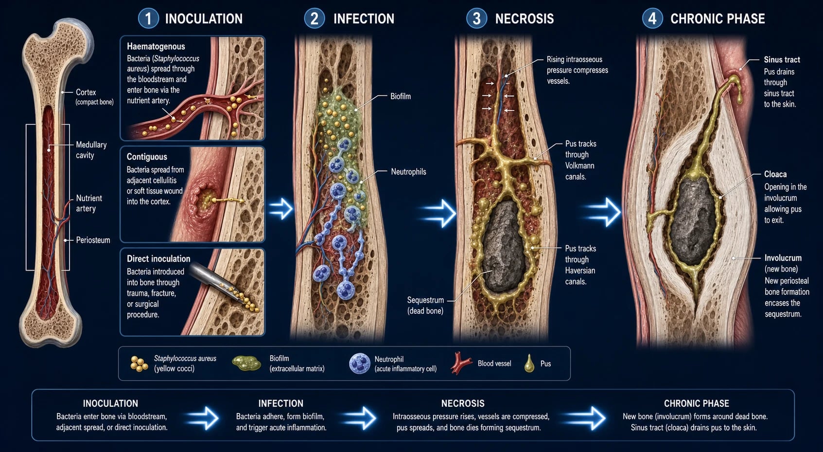 Mechanism infographic: inoculation by three routes (haematogenous via nutrient artery, contiguous, direct inoculation); biofilm formation; acute neutrophil infiltrate and cytokine release; rising intraosseous pressure compressing vessels; cortical necrosis forming sequestrum; periosteal involucrum; cloaca and sinus tract draining through skin