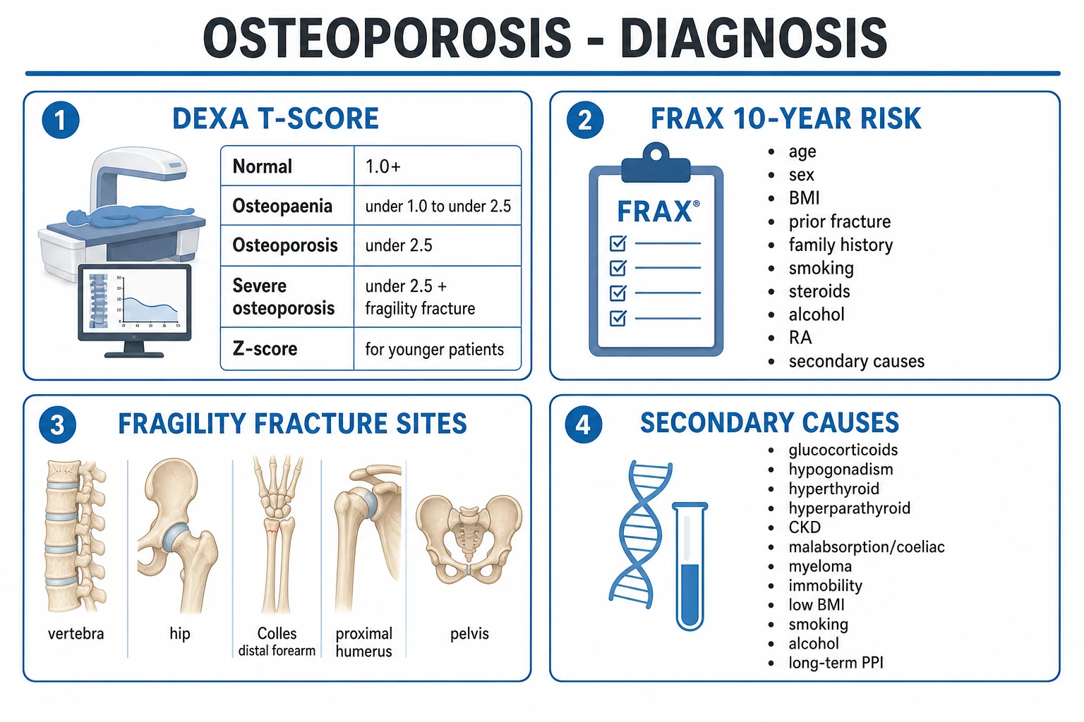 Clean four-step management ladder infographic for osteoporosis