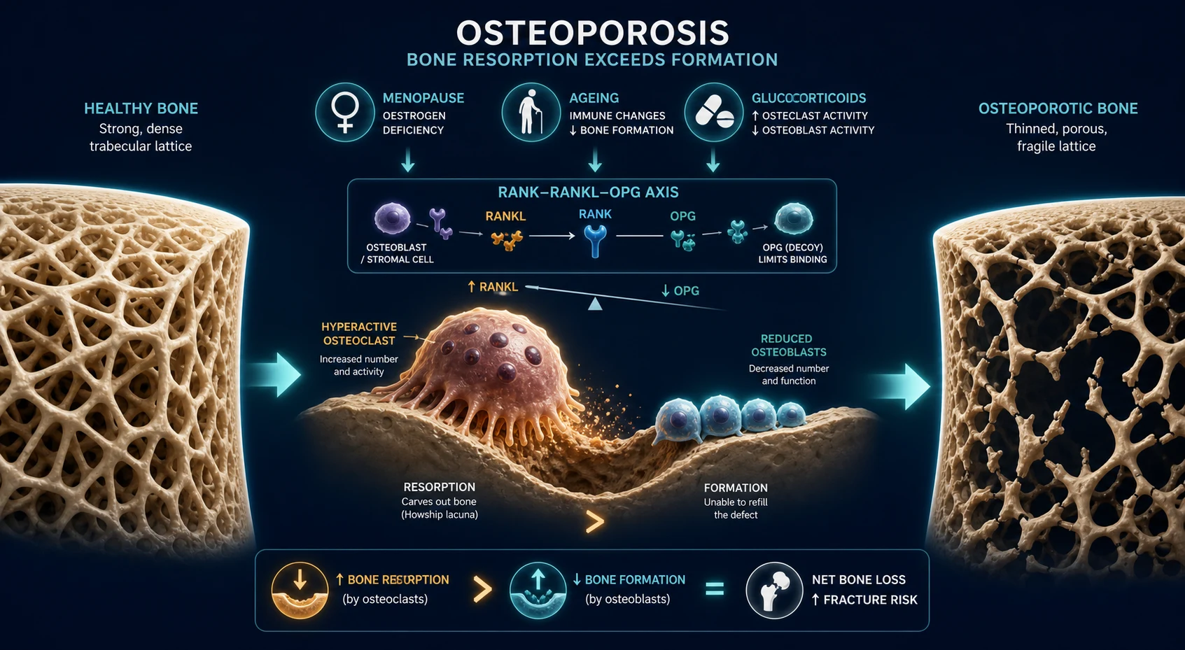 Horizontal pathophysiology pathway of osteoporosis on a deep navy background, from a healthy dense trabecular lattice through osteoclast-driven resorption to a thinned, porous, fragile lattice