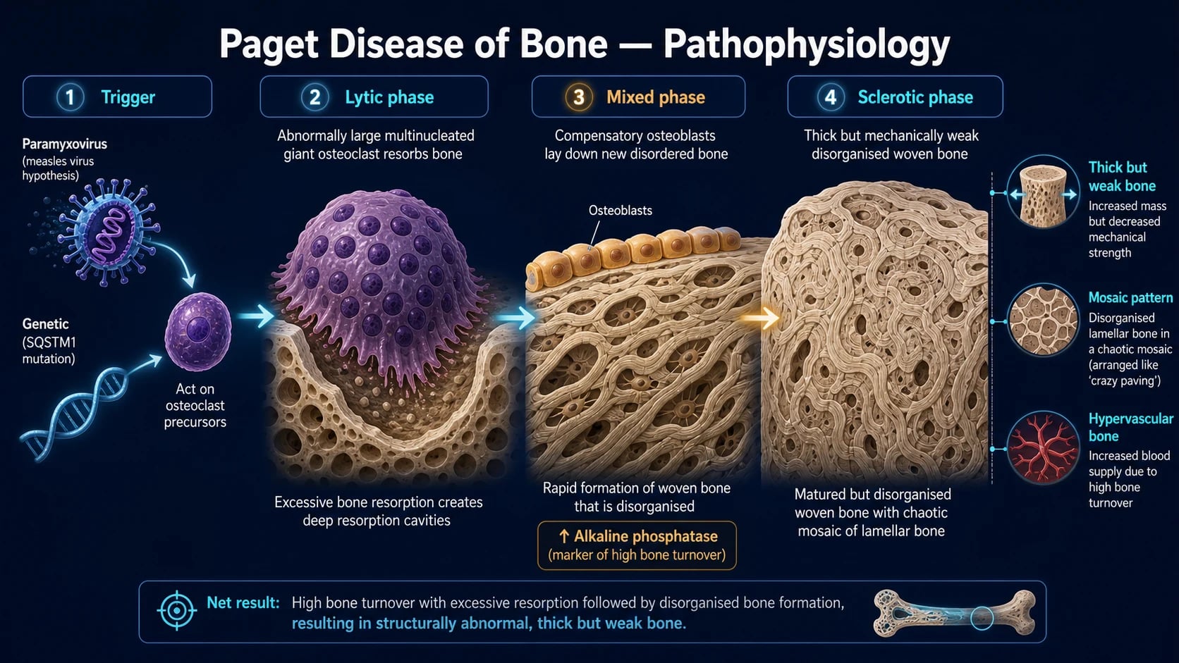 Horizontal pathophysiology pathway of Paget disease on a deep navy background, from trigger through osteoclastic resorption to disorganised weak woven bone