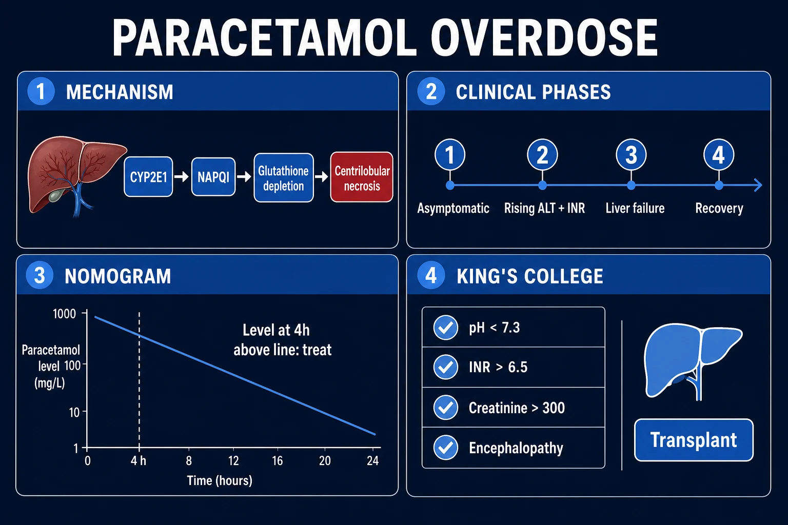 Clean infographic showing the four phases of paracetamol toxicity timeline alongside the Rumack-Matthew treatment nomogram