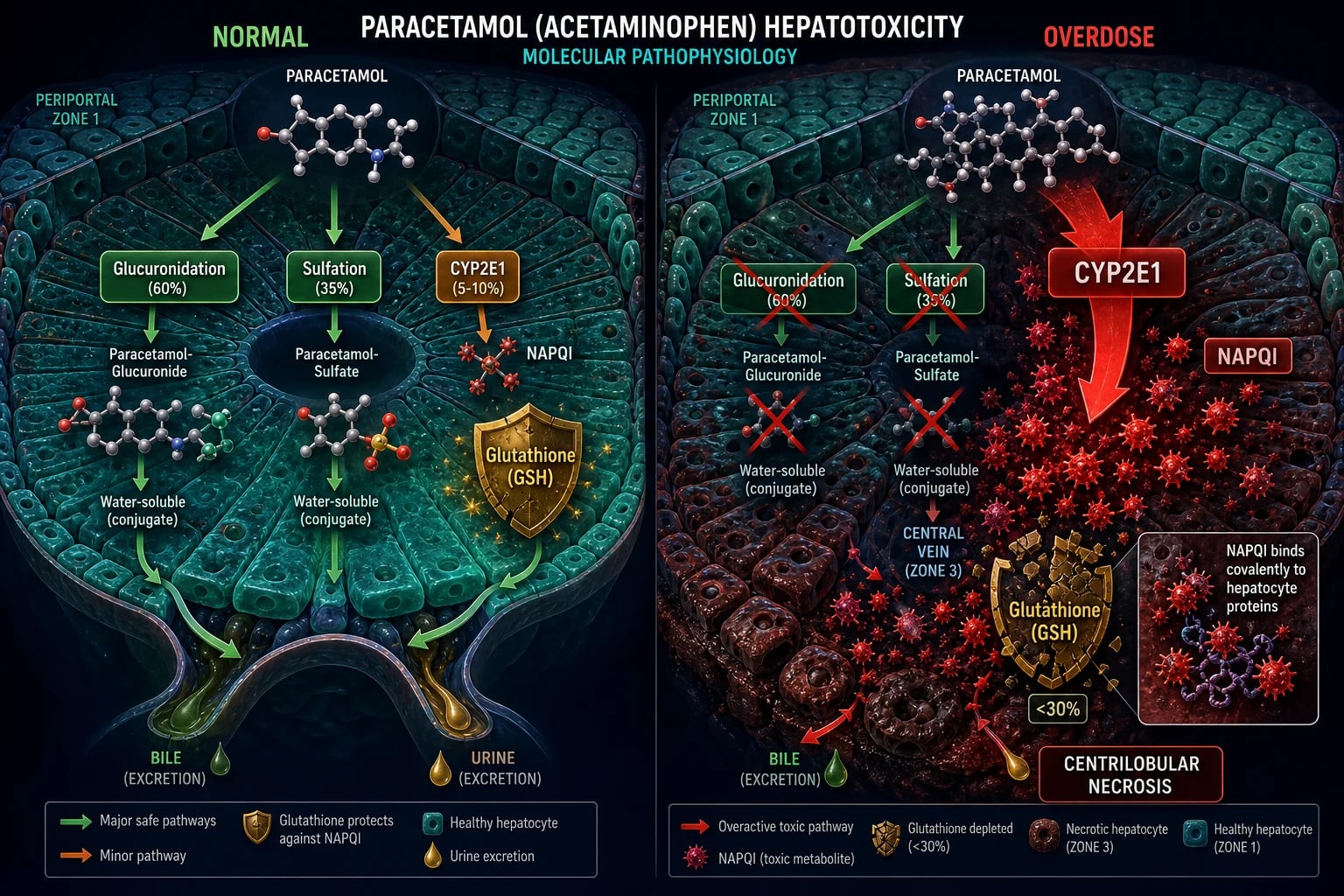 Cinematic medical illustration of the molecular pathophysiology of paracetamol hepatotoxicity showing normal safe conjugation (glucuronidation, sulfation) on the left versus overdose saturation with CYP2E1 producing NAPQI, glutathione depletion and centrilobular zone 3 necrosis on the right, against a deep navy background