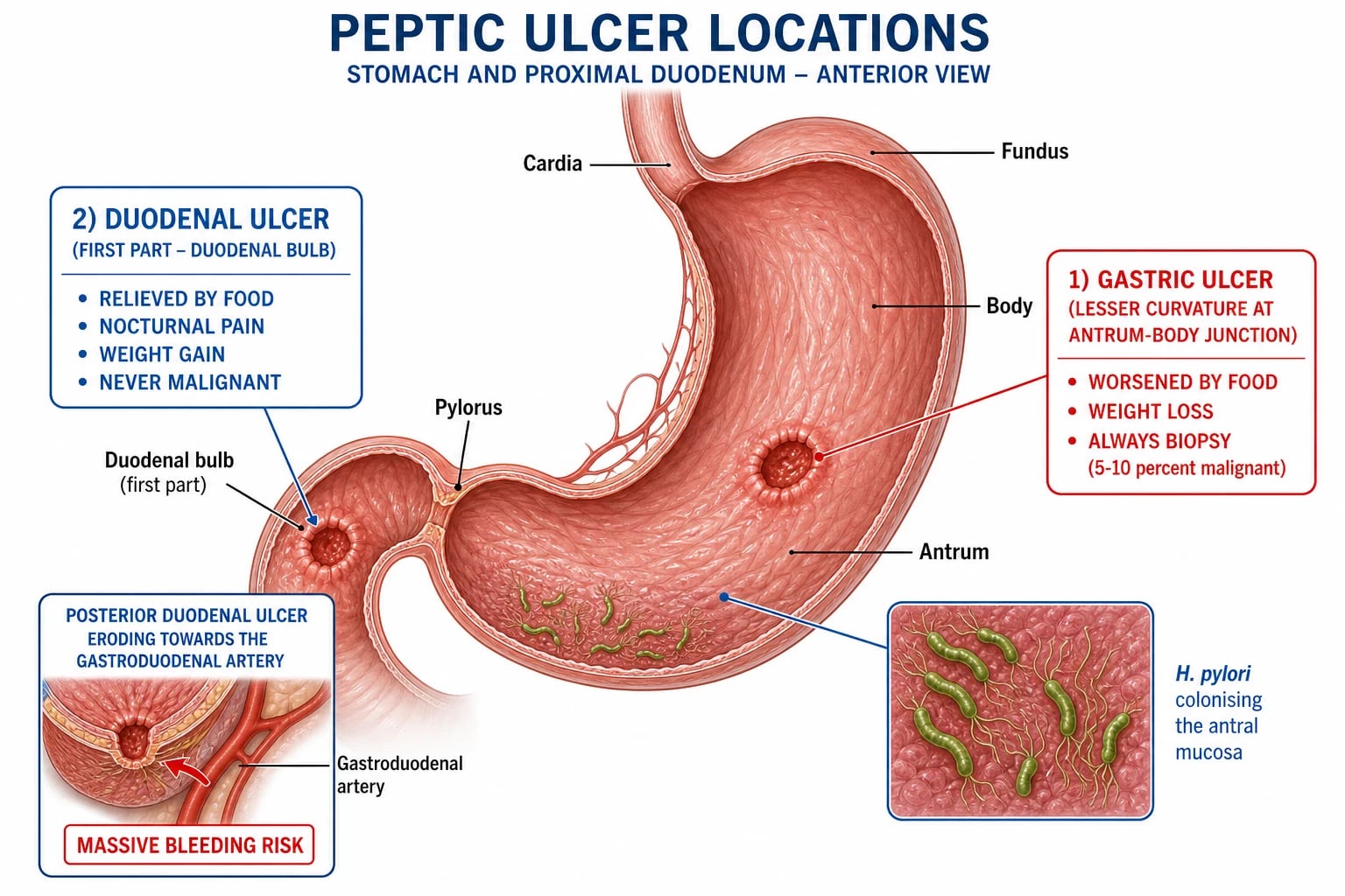 DU vs GU comparison table (pain patterns, malignancy risk, acid levels). Johnson classification for GU. H. pylori prevalence.