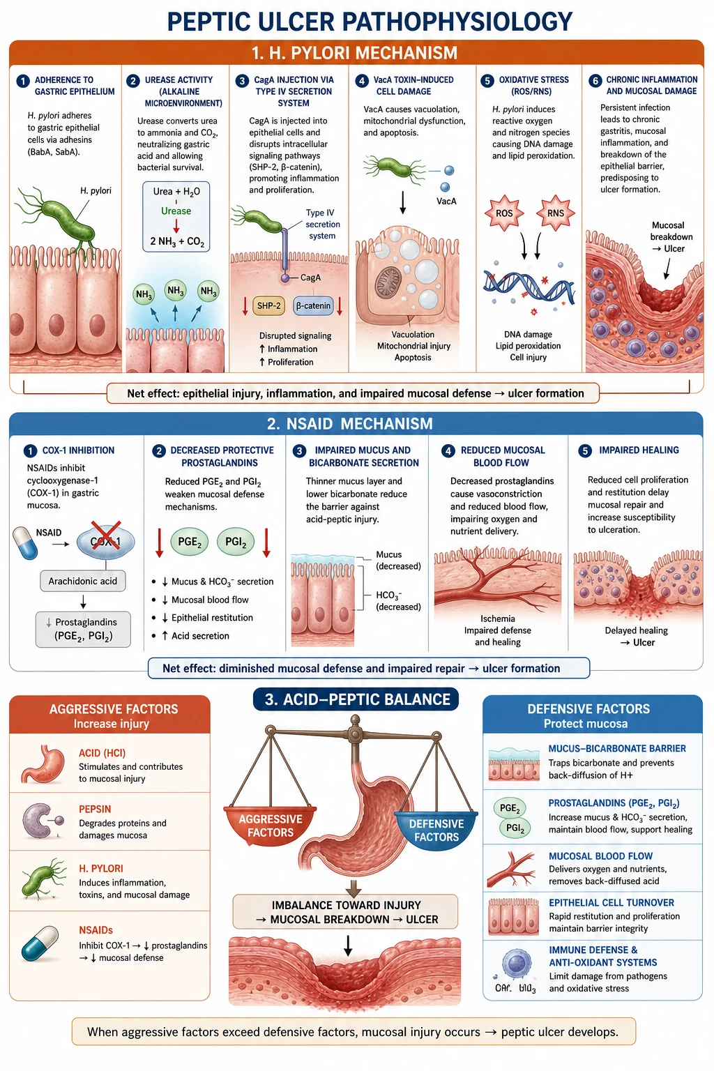 Management: triple therapy (PPI + clarithromycin + amoxicillin), Graham patch for perforation, under-run for bleeding, GOO management. Historical surgery.