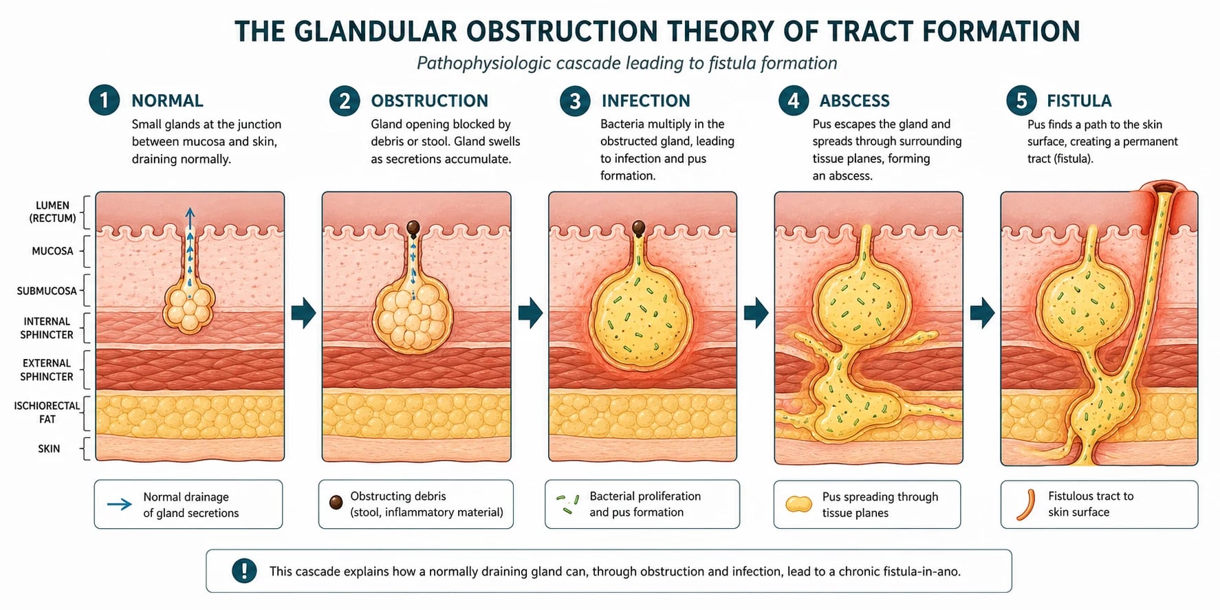 Cryptoglandular theory cascade from normal gland to obstruction to infection to abscess to fistula, with Goodsall's rule inset.