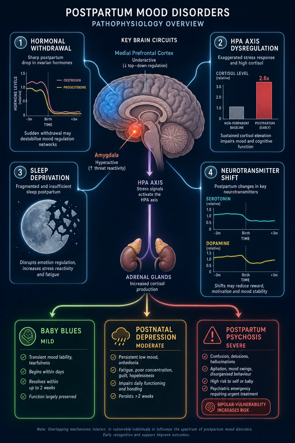 Clean medical-style pathophysiology infographic on a deep navy background. Central anatomical brain with hyperactive amygdala (red glow), underactive prefrontal cortex (dim blue), and an HPA-axis arrow to adrenal glands. Four labelled mechanism panels around the brain connected by glowing lines: hormonal withdrawal (plummeting oestrogen and progesterone curves), HPA-axis dysregulation (elevated cortisol bar), sleep deprivation (fractured moon icon), and neurotransmitter shift (serotonin and dopamine dipping). Three branching arrows at the bottom diverge into outcome cards labelled baby blues (green, mild), postnatal depression (amber, moderate) and postpartum psychosis (red, severe) with a bipolar-vulnerability tag.