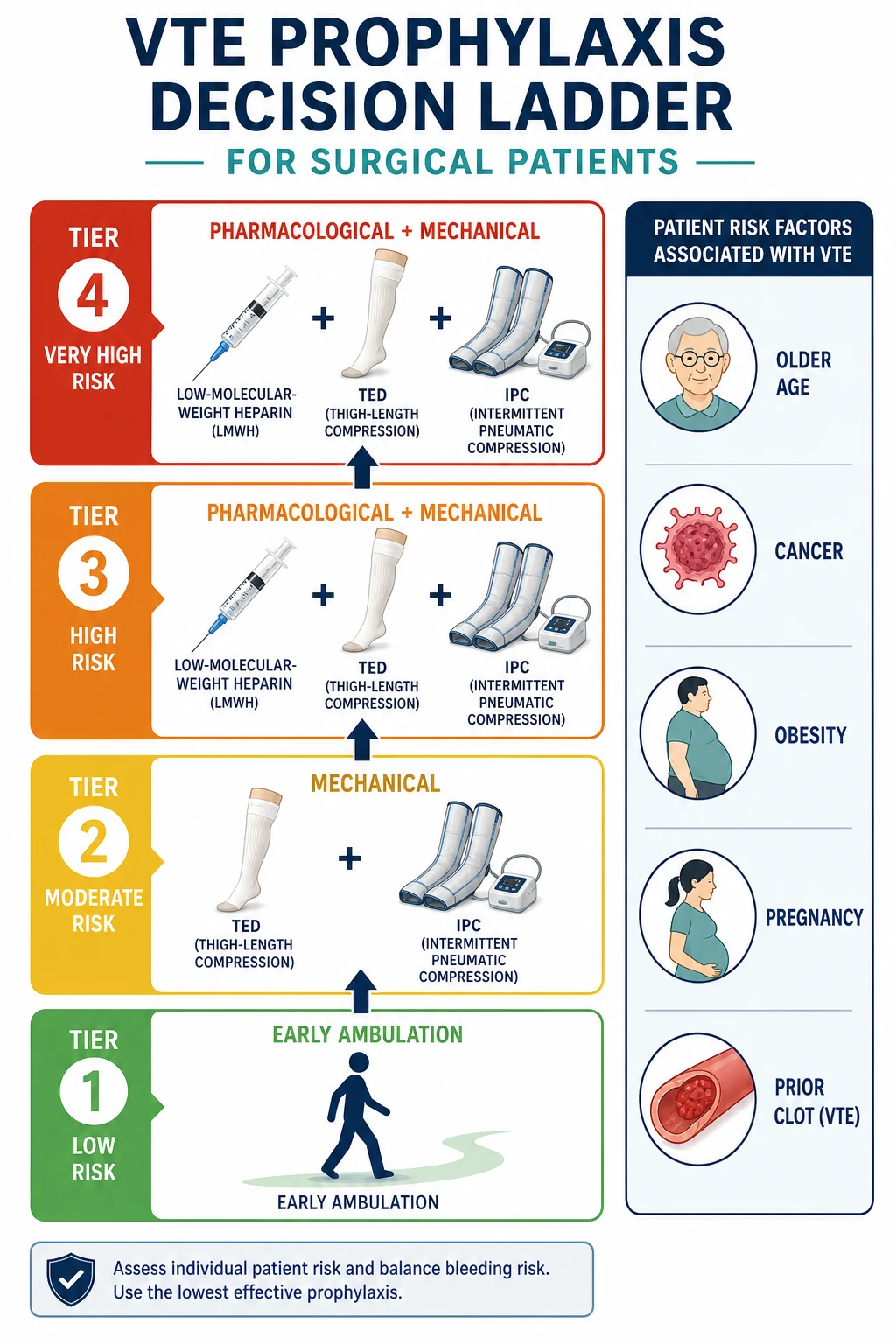 VTE risk stratification pyramid with matched prophylaxis ladder from ambulation to dual therapy.