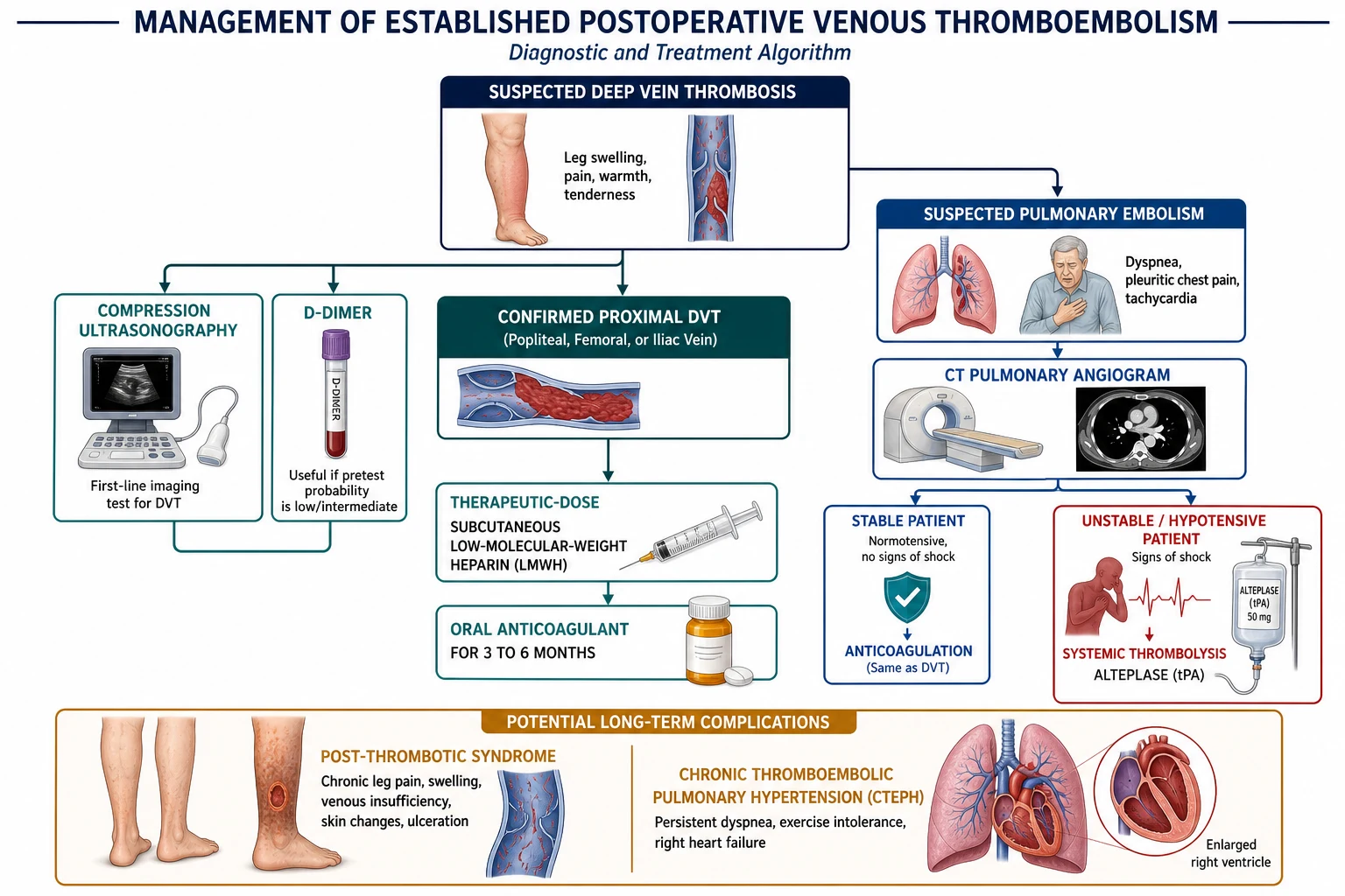 Algorithm for managing suspected postoperative DVT and PE from ultrasound and CTPA to anticoagulation and thrombolysis.
