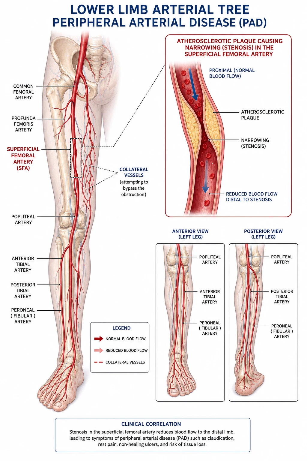Clean four-row infographic of the Fontaine stages of peripheral arterial disease