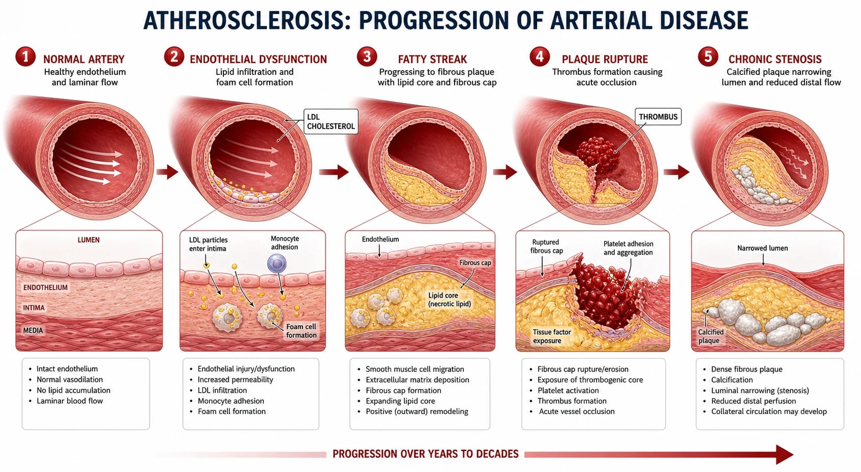 Clean four-pillar infographic of PAD management plus an acute-limb-ischaemia emergency box