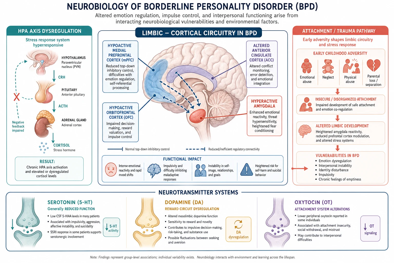 Medical infographic of the neurobiology of borderline personality disorder: hyperactive amygdala, hypoactive prefrontal cortex, HPA axis dysregulation, and serotonin/dopamine/oxytocin systems, with early adversity feeding the limbic circuit