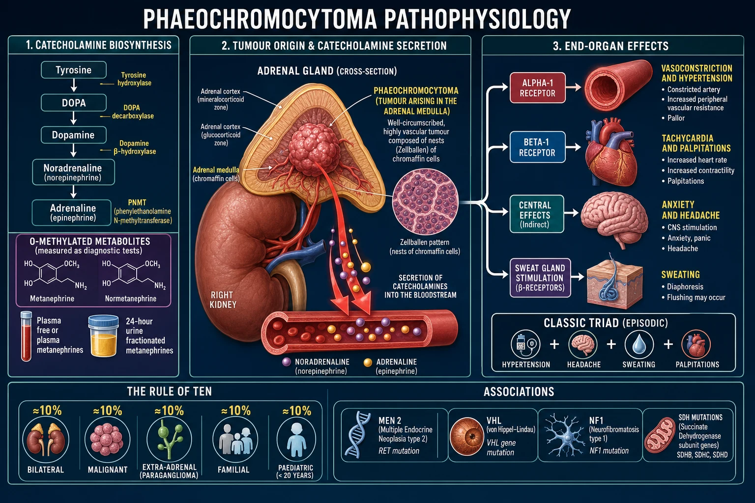 Labelled pathophysiology infographic of a phaeochromocytoma showing the adrenal medulla tumour, catecholamine biosynthesis cascade, and alpha-1 and beta-1 end-organ effects producing the clinical triad