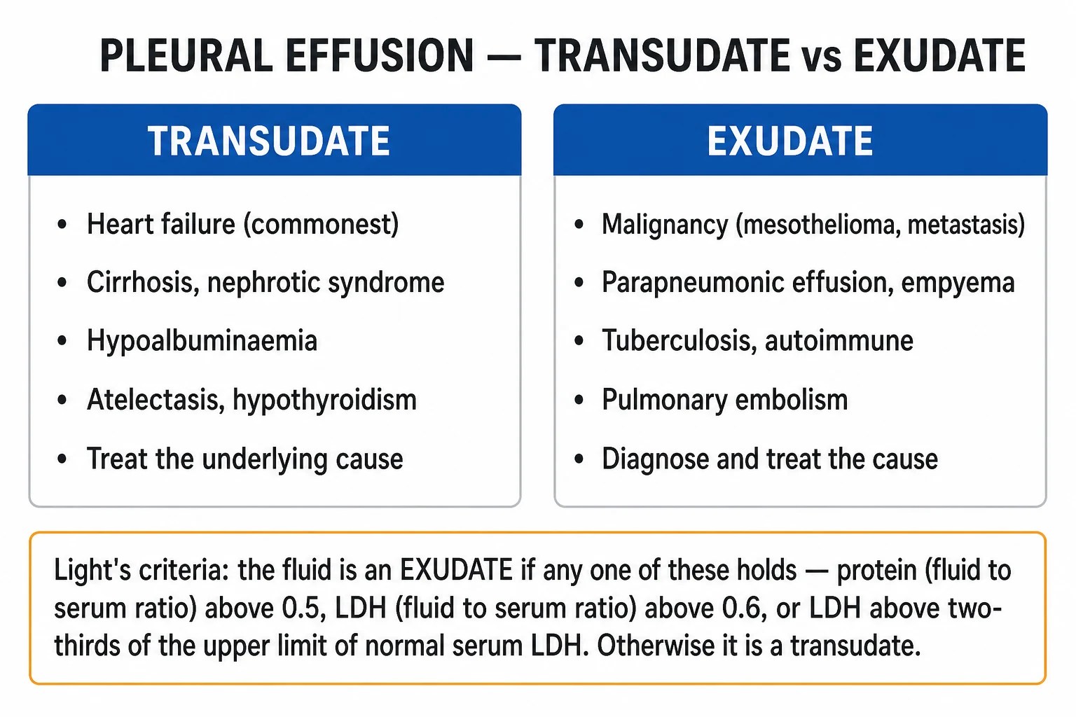 Two-column infographic contrasting transudate versus exudate with causes, fluid characteristics and Light's criteria