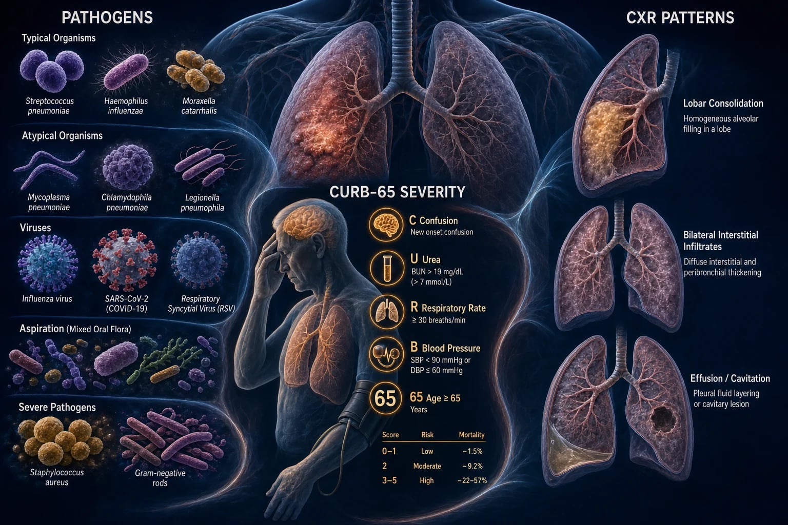 Clean infographic: typical vs atypical pathogens, CXR patterns, CURB-65 severity bands