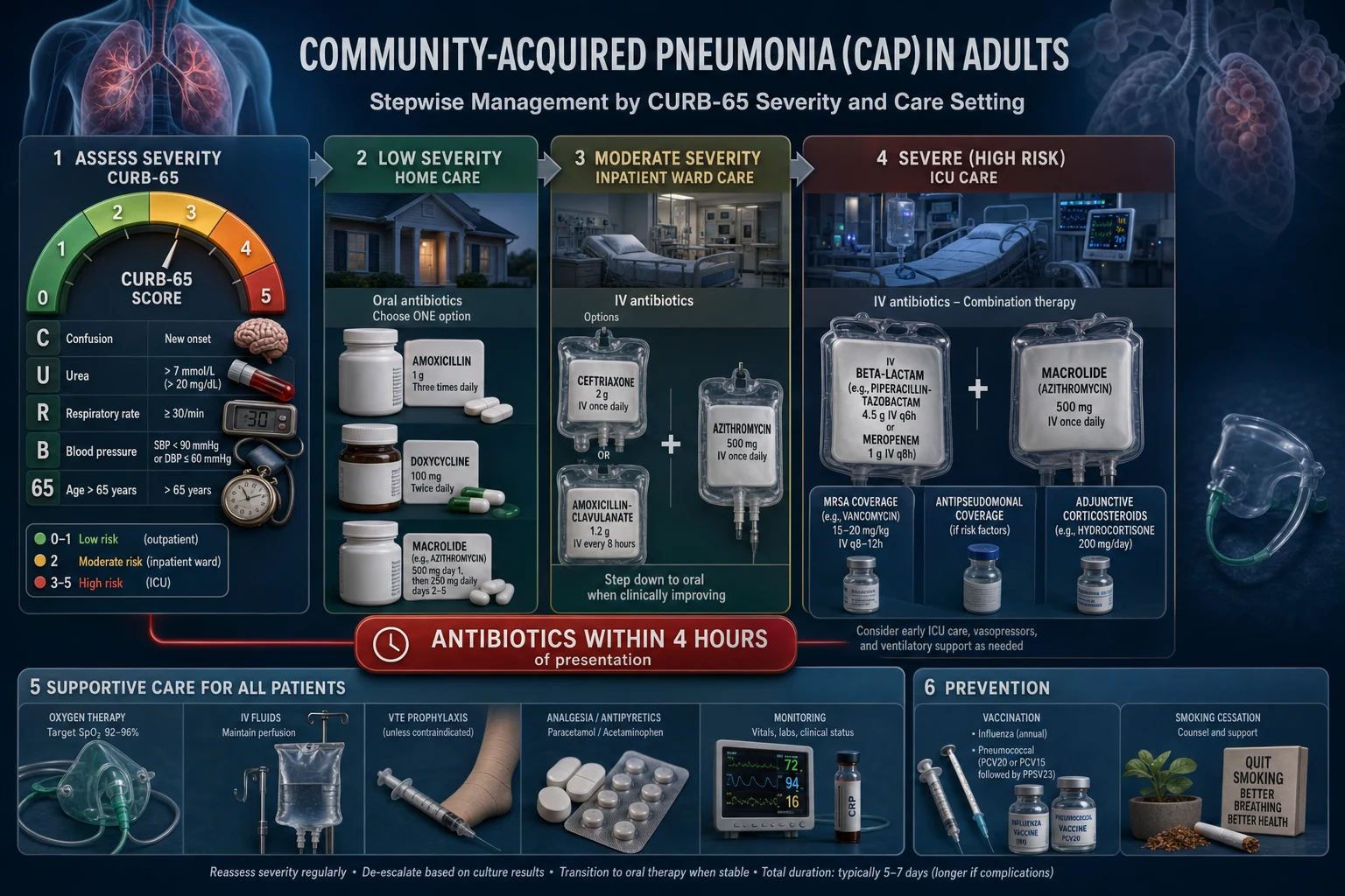 Clean management infographic: empirical antibiotics by CURB-65 severity and setting