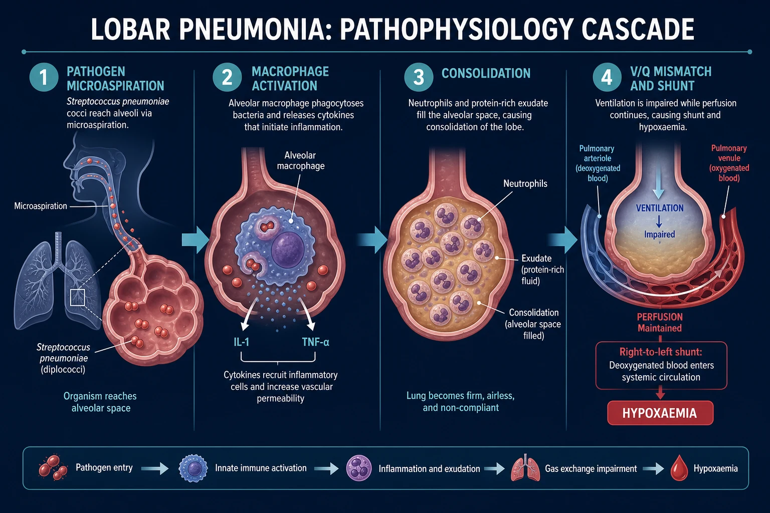 Pathophysiology of bacterial vs viral pneumonia.
