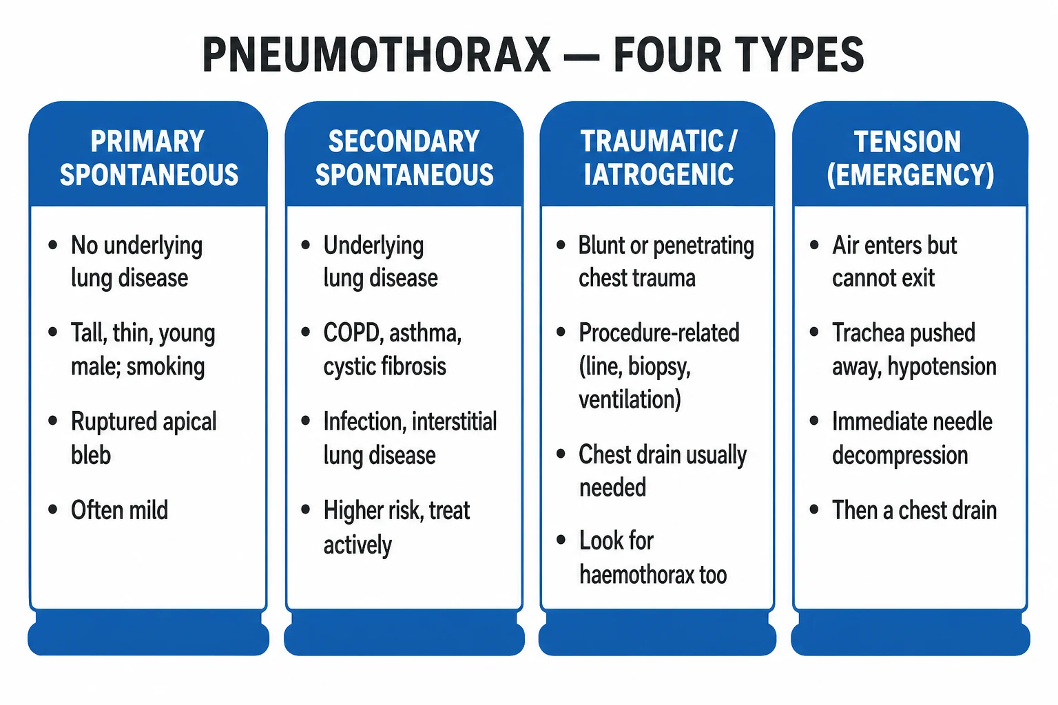Clean four-pillar infographic of the four types of pneumothorax with key features beneath each