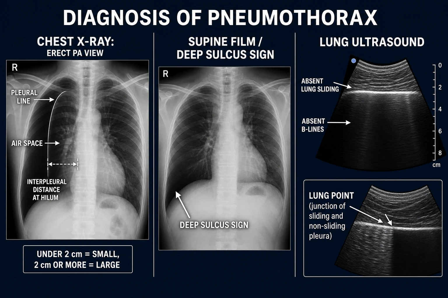 Three-panel diagnostic infographic: erect PA chest X-ray with pleural line and interpleural distance measurement, supine film with deep sulcus sign, lung ultrasound with absent lung sliding and the lung point