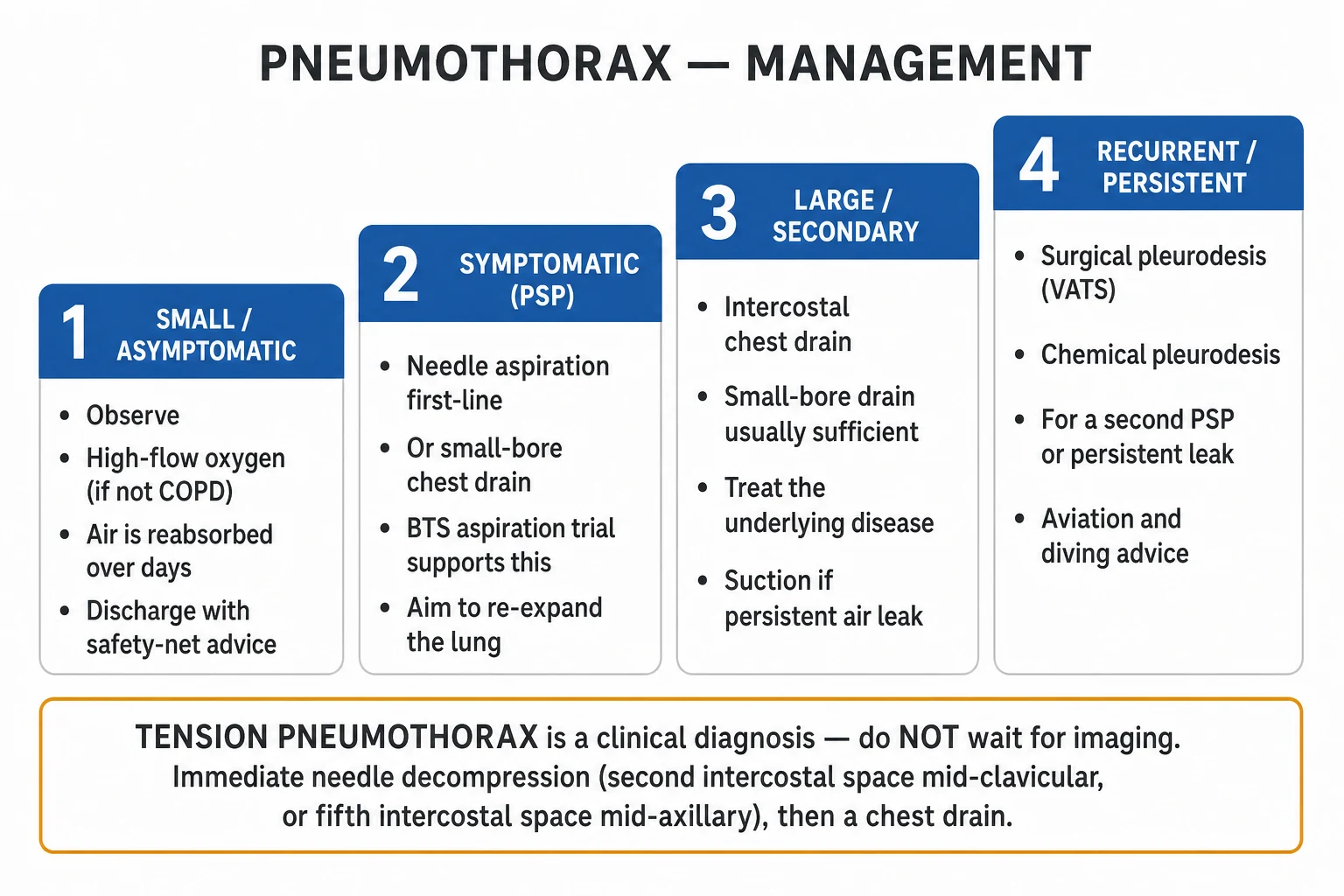 Clean step infographic of pneumothorax management by type and size plus a tension-emergency box
