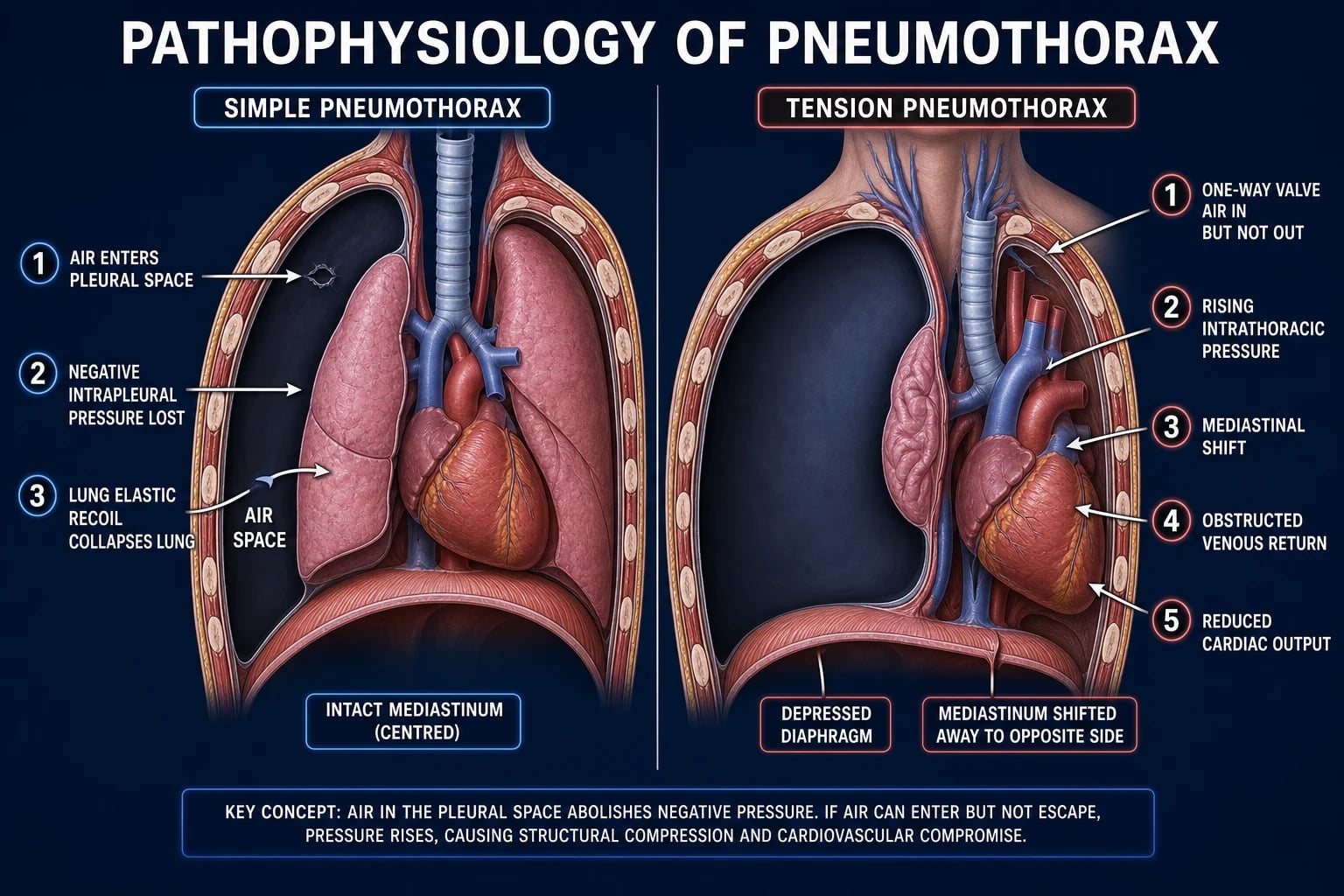 Mechanism infographic: two panels — simple pneumothorax with lung collapse and air space, and tension pneumothorax with mediastinal shift and obstructed venous return