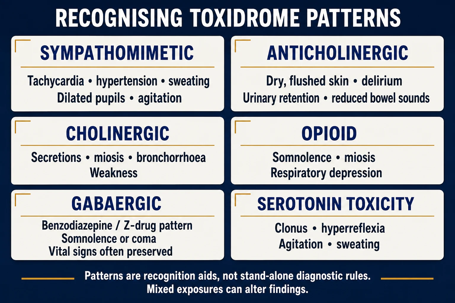 Six text panels for the sympathomimetic, anticholinergic, cholinergic, opioid, GABAergic and serotonin toxicity patterns, with a footer on their use as recognition aids