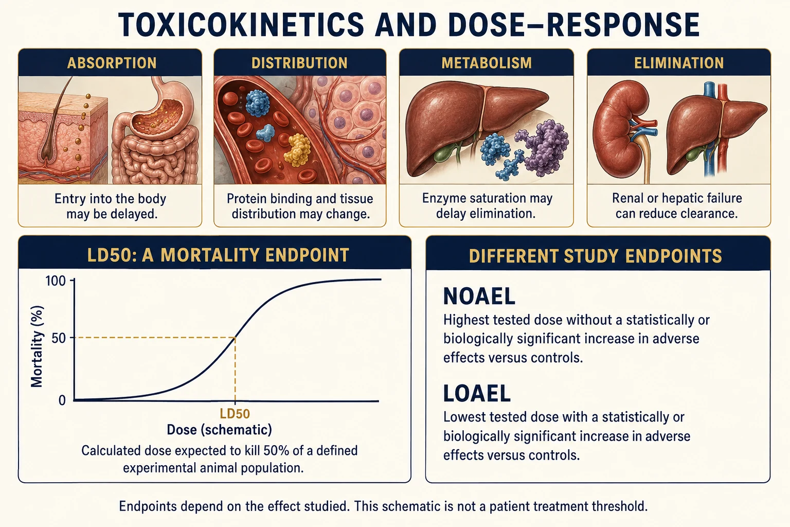 Four stylised absorption, distribution, biotransformation and elimination panels annotated with possible overdose-related kinetic changes, a schematic dose-mortality curve marking the LD50 at 50 percent, and separate definitions of the NOAEL and LOAEL