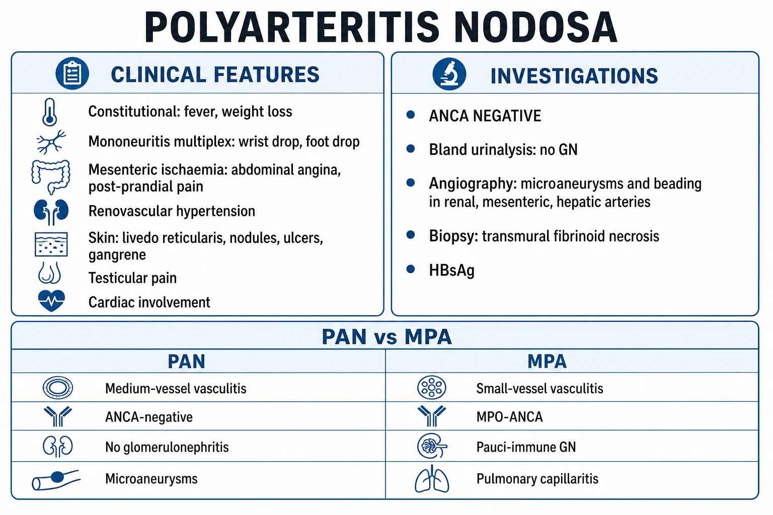 Clean infographic: PAN features + investigations + vs MPA