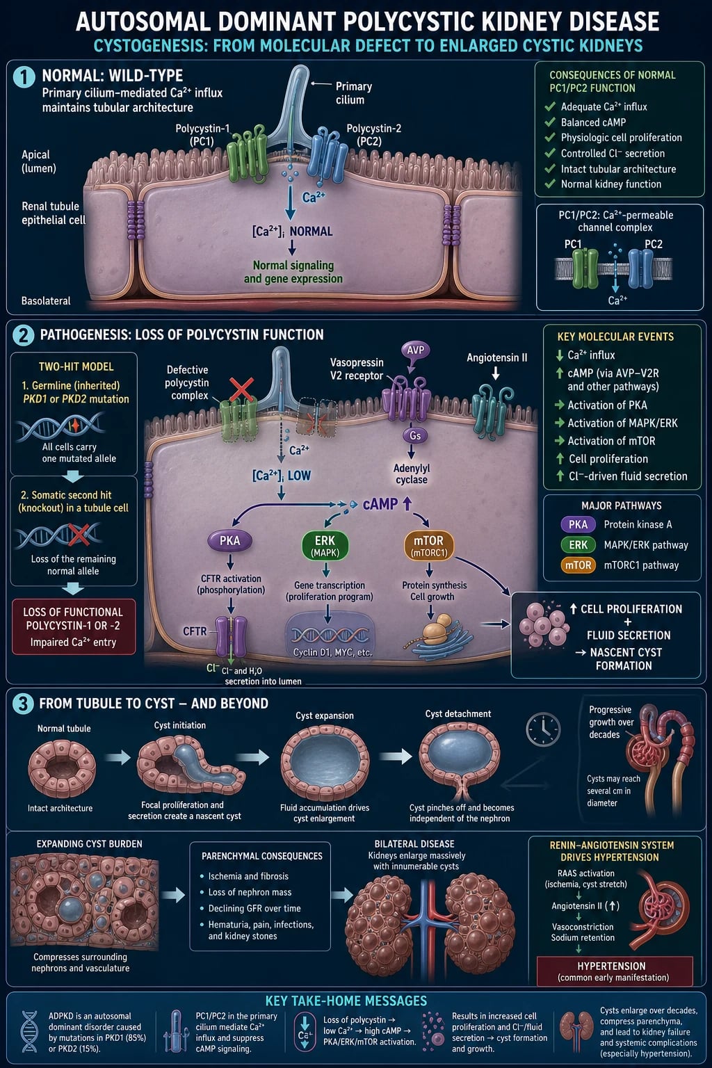 Medical pathophysiology infographic of ADPKD cystogenesis: primary cilium with PC1/PC2 calcium channel, second-hit loss of polycystin, low intracellular calcium, high cAMP with PKA/MAPK/mTOR activation, chloride and CFTR-driven fluid secretion, detachment of cyst from tubule, massively enlarged bilateral cystic kidneys