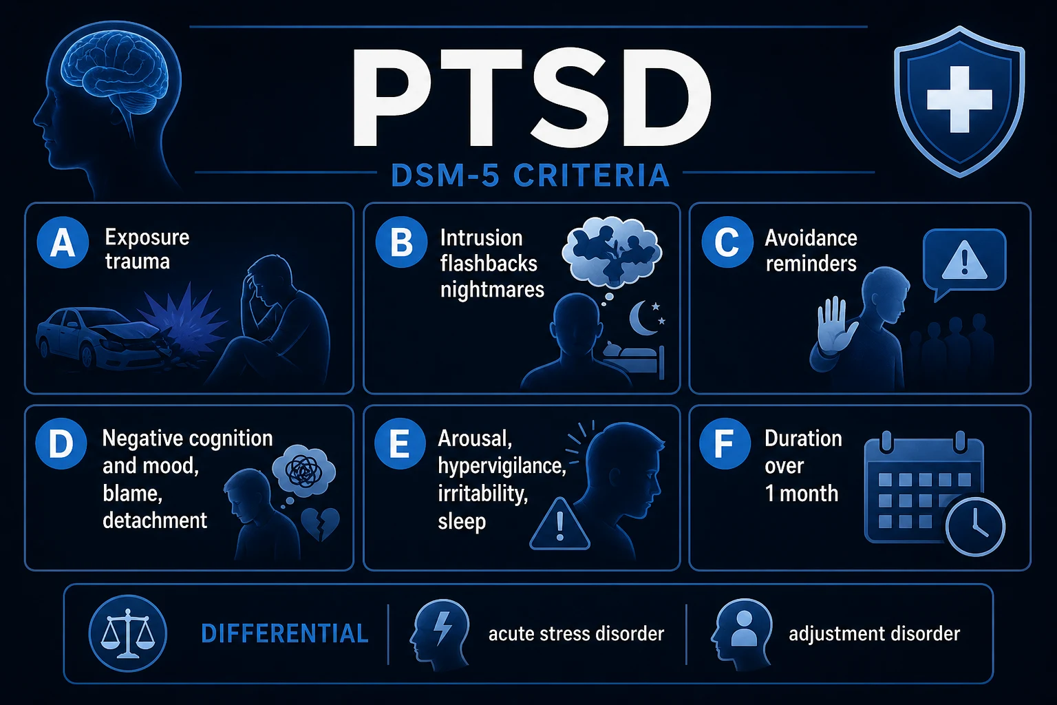 Clean infographic of the DSM-5 PTSD diagnostic criteria and the four symptom clusters plus the differential and the dissociative/delayed specifiers
