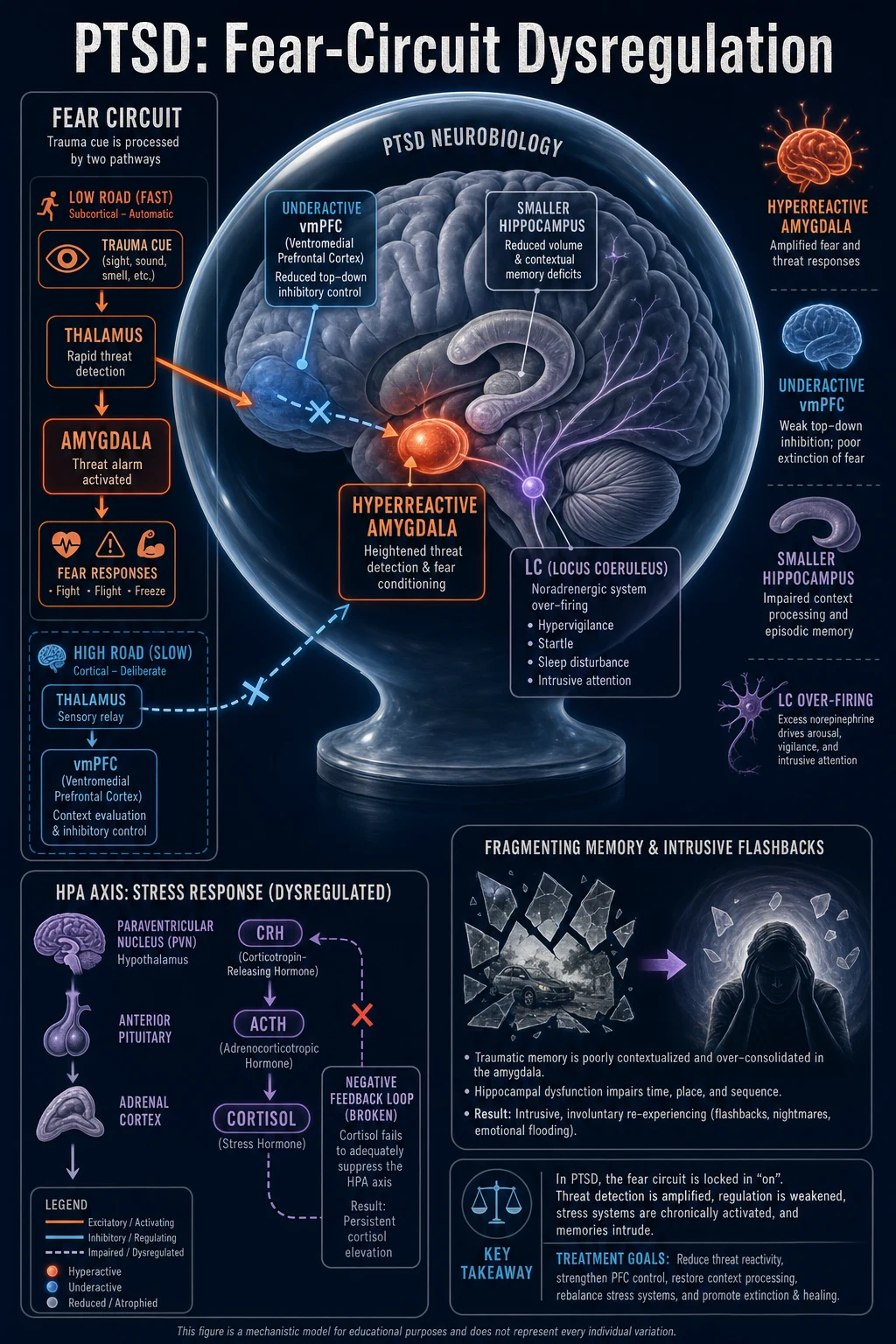 Mechanistic medical infographic poster of the PTSD neurobiology pathway showing a side-profile human brain with a hyperreactive amygdala, hypoactive ventromedial prefrontal cortex with broken inhibitory arrows, smaller hippocampus, the HPA axis cascade from PVN to CRH to pituitary to ACTH to adrenal cortex to cortisol with a broken negative-feedback loop, the locus coeruleus over-firing noradrenaline, and fragmenting traumatic memory shards representing intrusive flashbacks