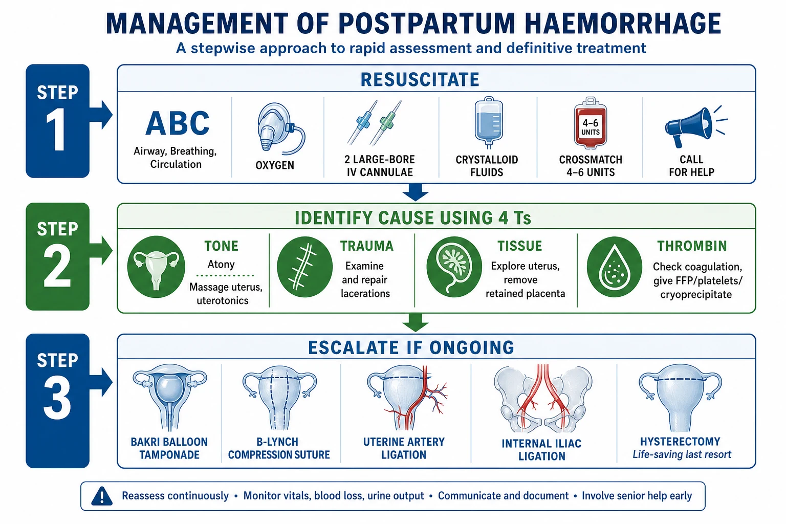 PPH management algorithm: resuscitate, identify cause by 4 Ts, treat, escalate.