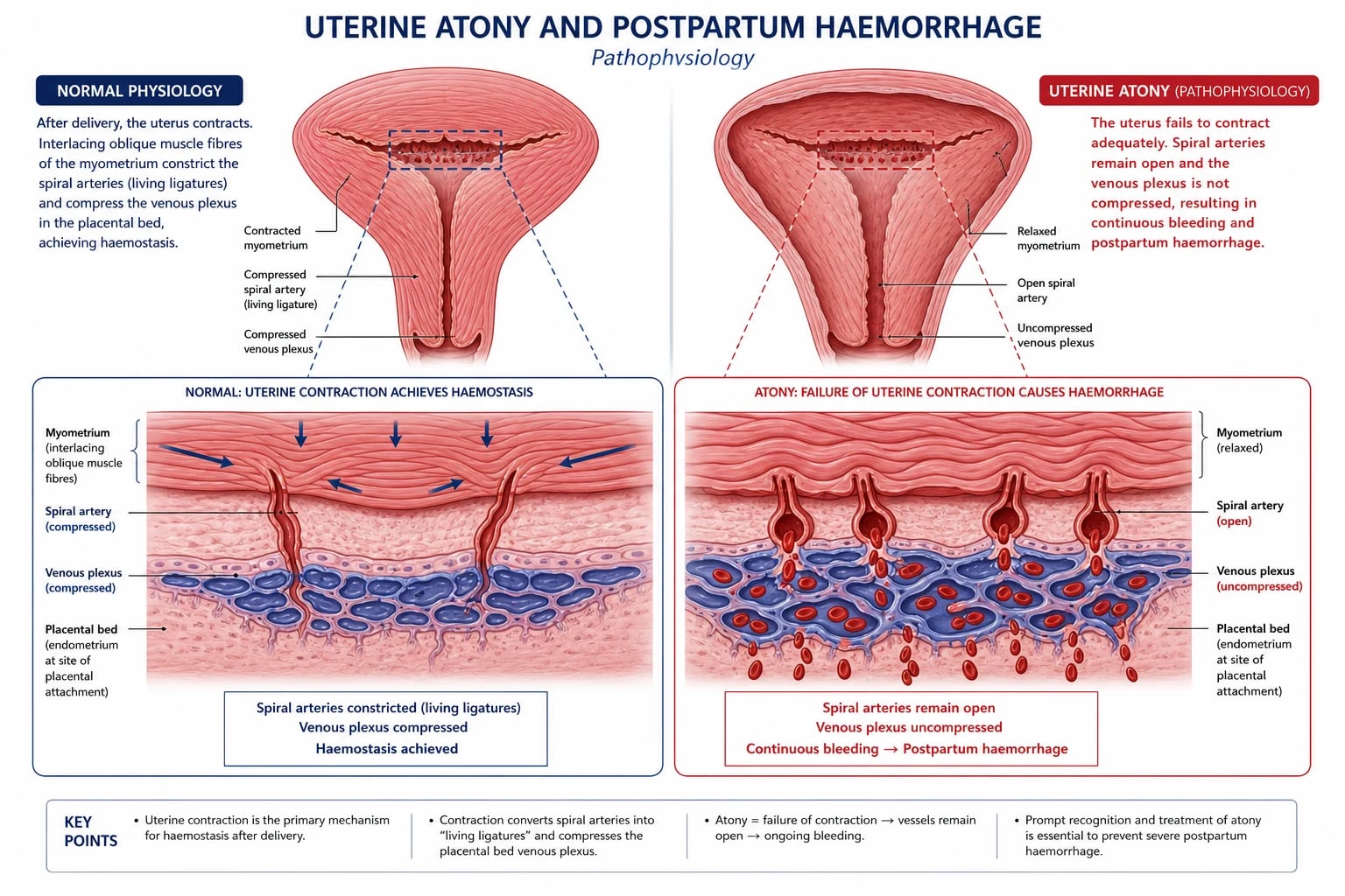 Spiral arteries as living ligatures — contracted uterus vs atonic uterus.