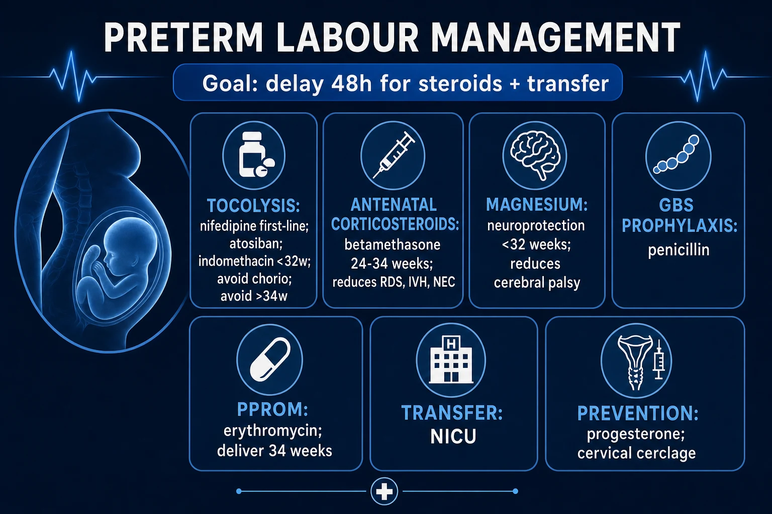 Clean infographic of the preterm labour management bundle: decision fork, tocolysis ladder, corticosteroids, magnesium neuroprotection, PPROM pathway, prevention