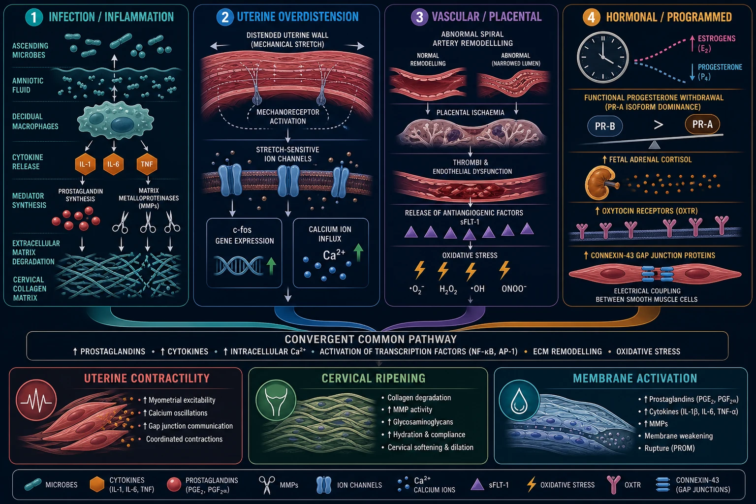 Abstract four-column infographic of the convergent pathways of preterm labour: infection/inflammation, uterine overdistension, vascular/placental, and endocrine/programmed — all merging into the common pathway of parturition
