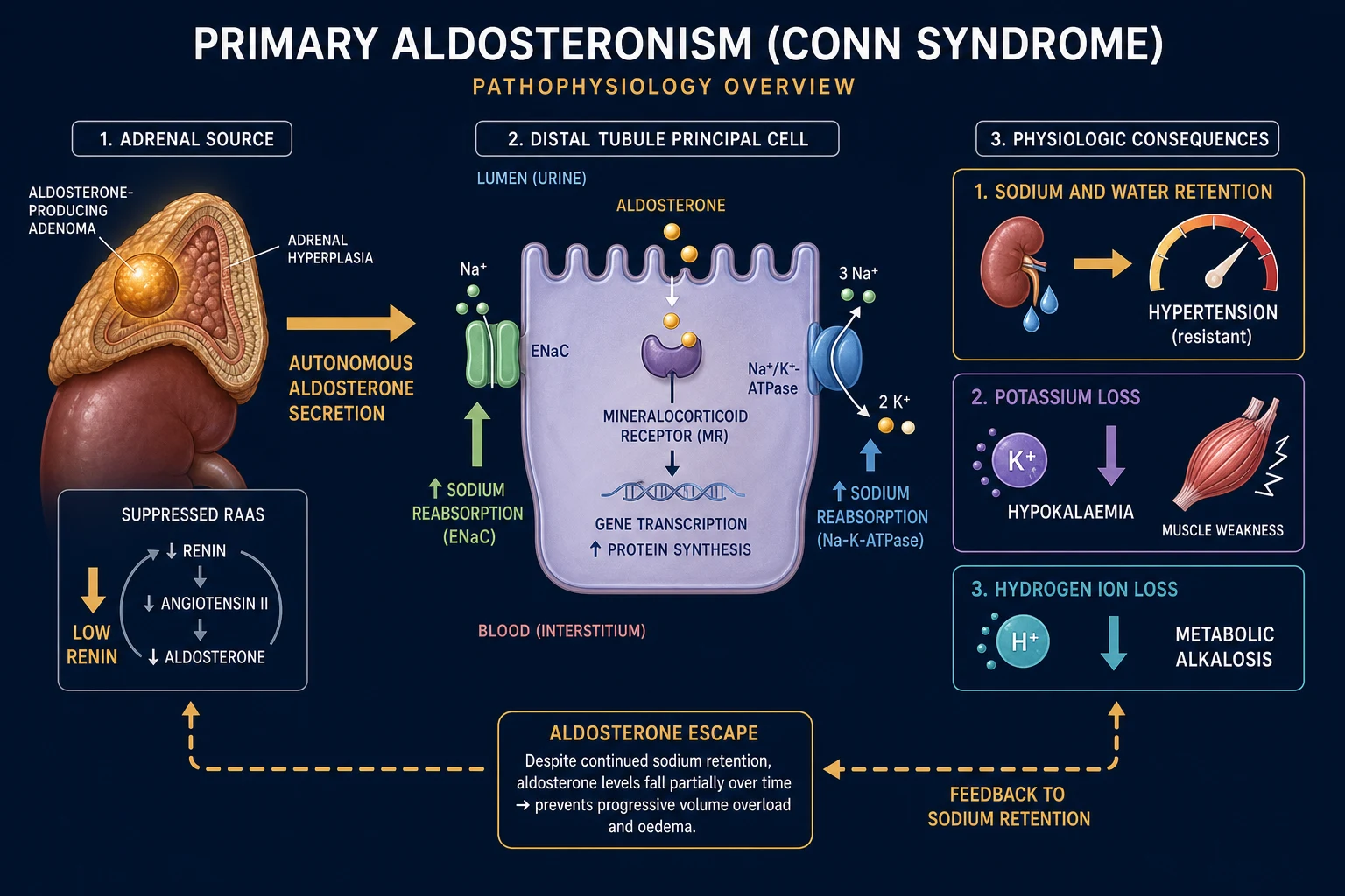 Clean medical infographic of the primary aldosteronism mechanism on a navy background, showing autonomous aldosterone from an adrenal adenoma binding the distal tubule mineralocorticoid receptor, driving sodium and water retention to hypertension and potassium and hydrogen loss to hypokalaemia and alkalosis