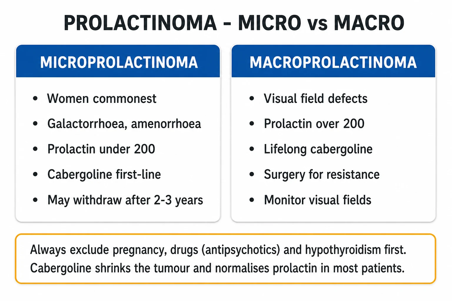 Clean two-column infographic of prolactinoma classification by size, biological aggressiveness, prolactin species and familial context, alongside clinical features and diagnostic thresholds