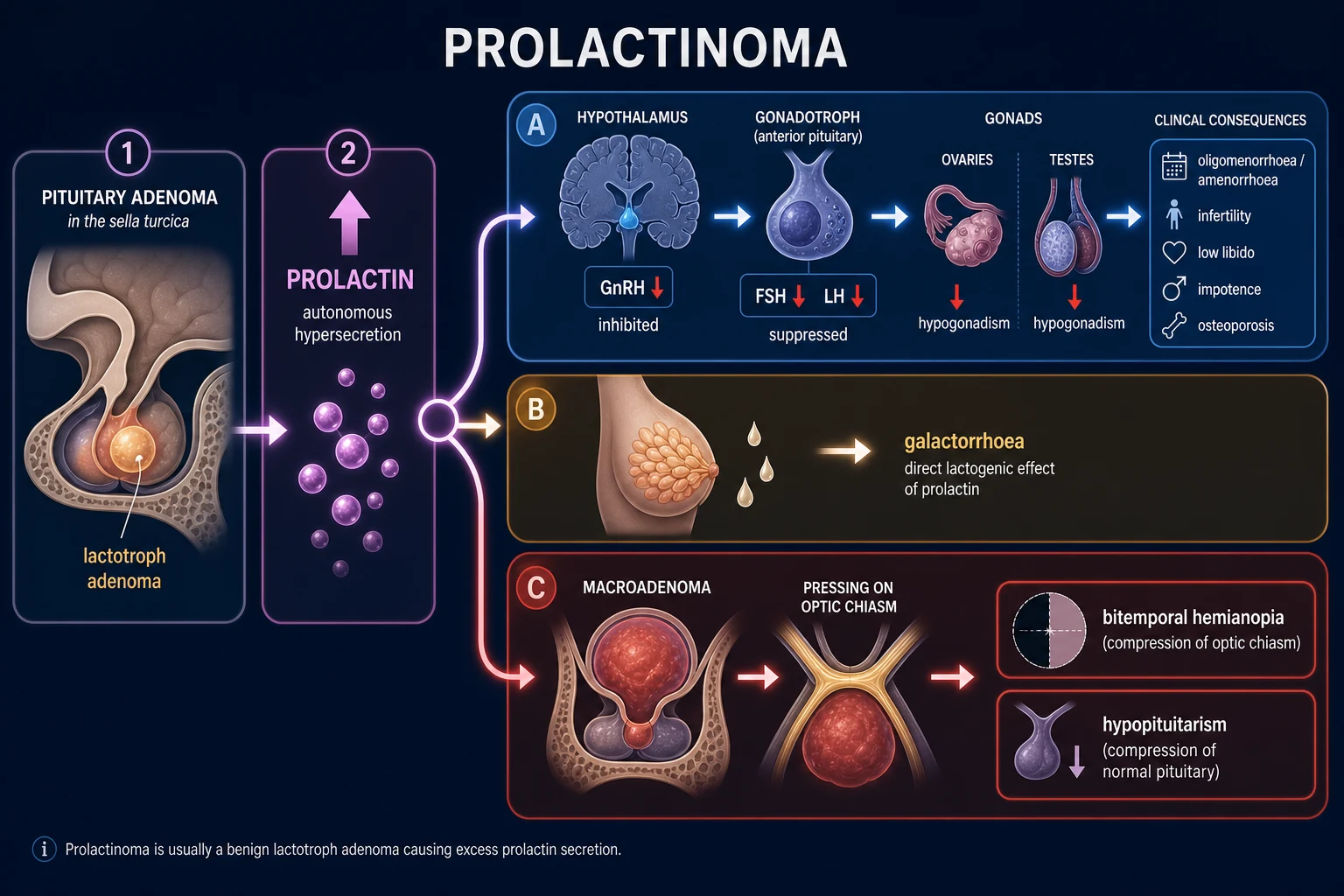 Horizontal pathophysiology pathway of prolactinoma on a deep navy background, from a pituitary lactotroph adenoma through autonomous prolactin secretion to hypogonadotropic hypogonadism, galactorrhoea and mass effect