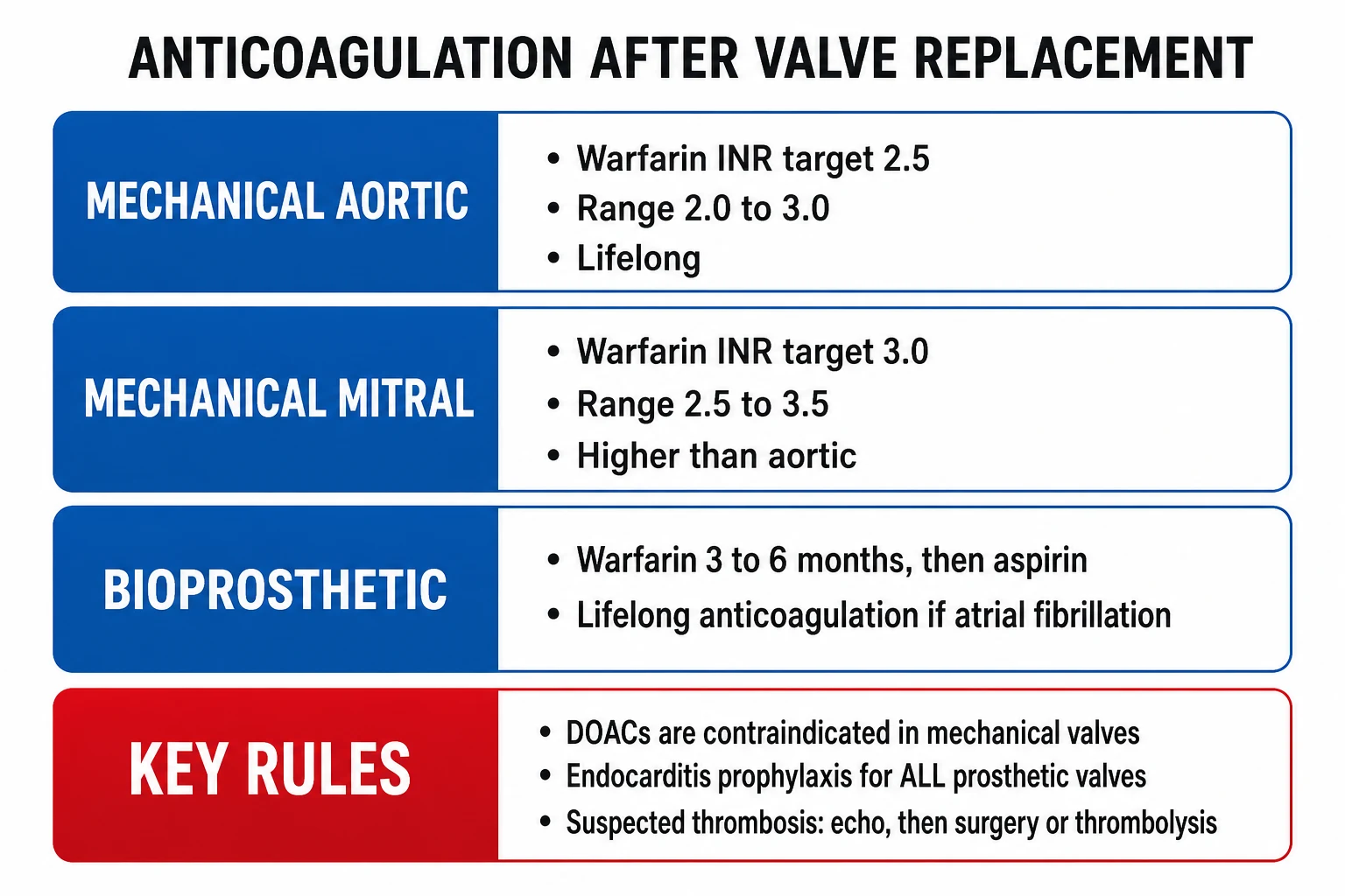 Anticoagulation management algorithm for prosthetic valves showing INR targets by valve type and position, bridging strategy, and DOAC contraindication.