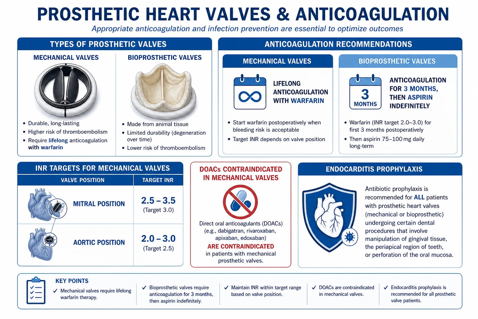 Pathophysiology of prosthetic valve thrombosis and structural deterioration: coagulation cascade activation on mechanical valve surfaces, hinge stasis, and bioprosthetic leaflet calcification and tear.