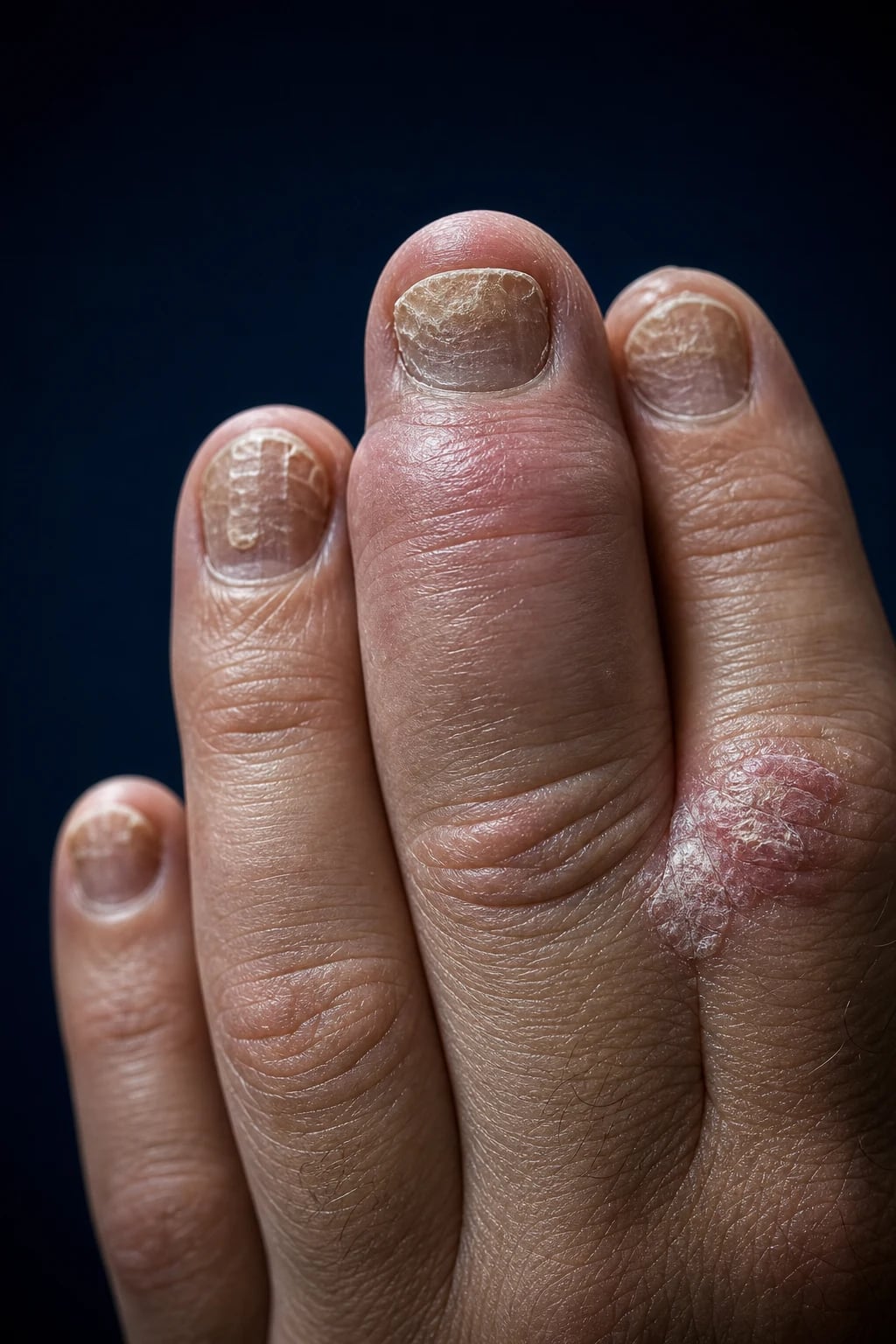 Clean infographic: five Moll and Wright patterns, CASPAR criteria scoring table, hallmark features, and distinction from rheumatoid arthritis
