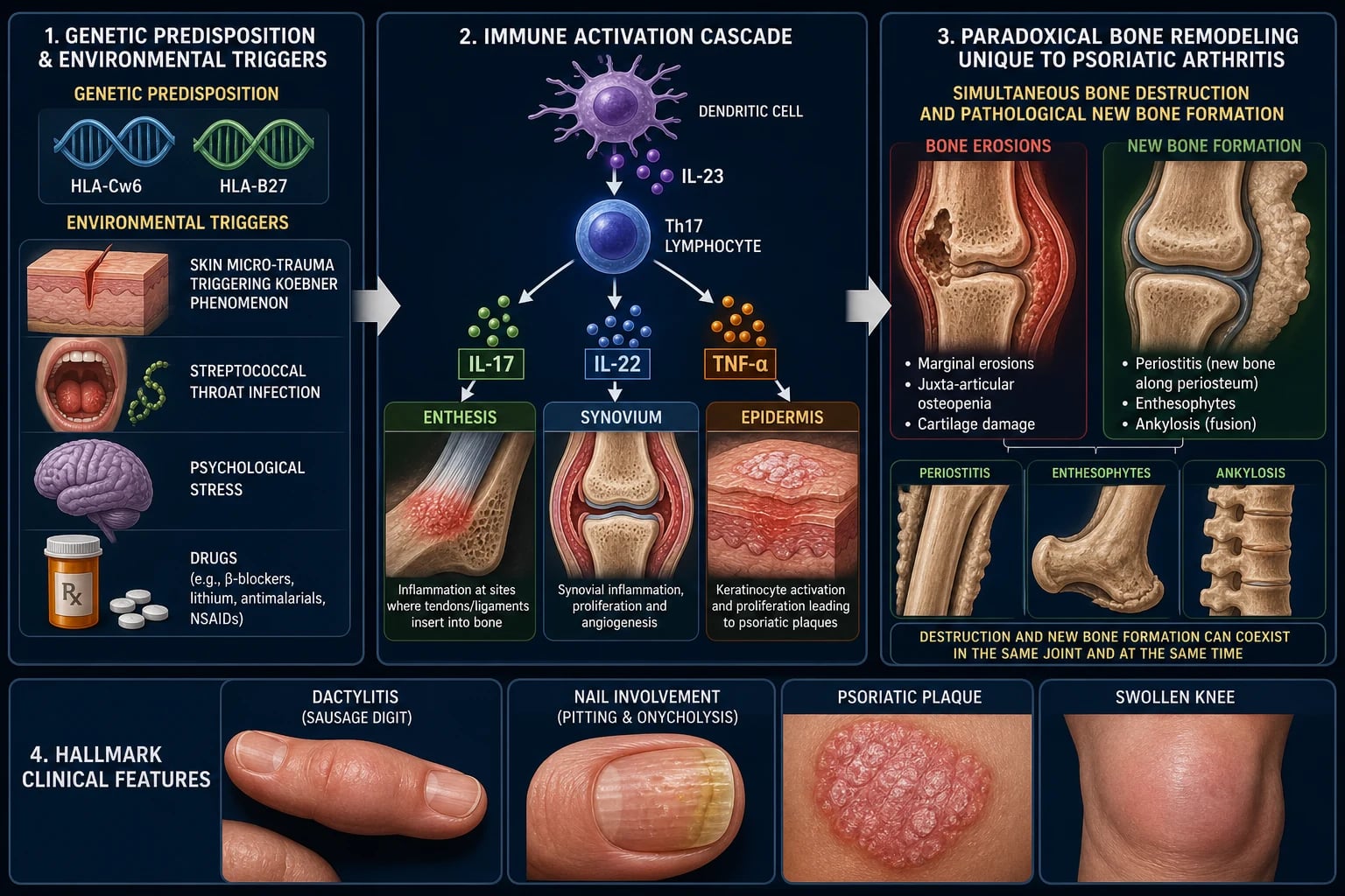 Clean horizontal pathophysiology infographic: genetic predisposition HLA-Cw6 and HLA-B27 plus environmental triggers, IL-23 driven Th17 axis releasing IL-17 and TNF-alpha, inflammation at enthesis synovium and epidermis, paradoxical bone remodelling with erosions and new bone formation, dactylitis and nail disease, deep navy background
