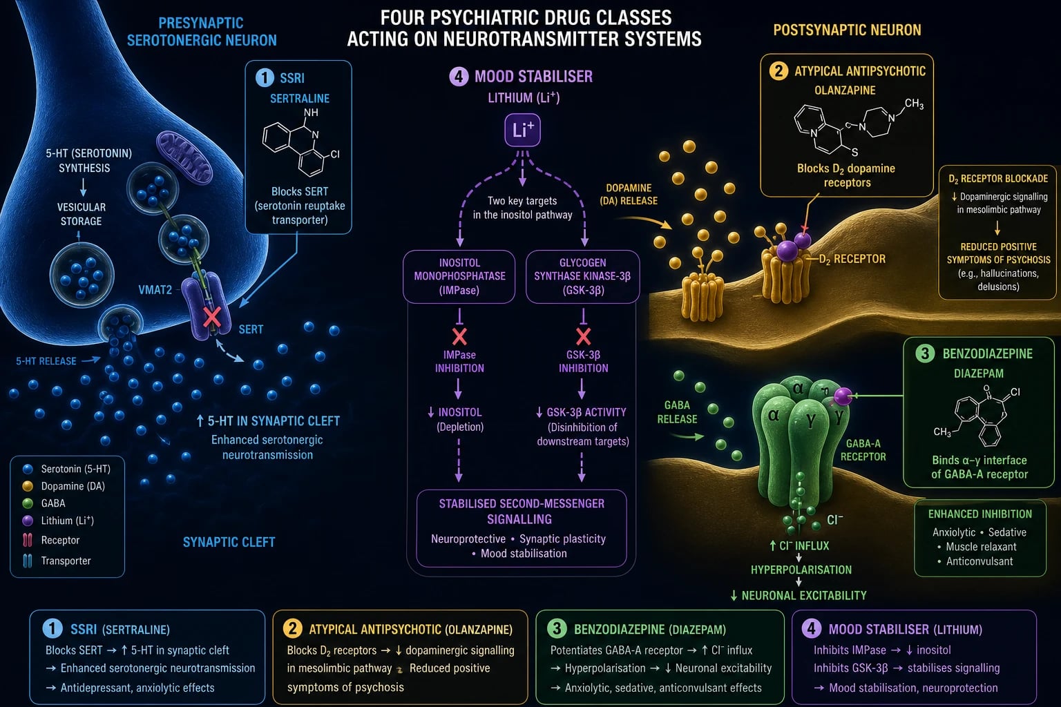 Mechanism infographic showing the four dopamine pathways, the monoamine synapse with SSRI/SNRI/TCA/MAOI drug targets, and the GABA-A receptor with the benzodiazepine binding site