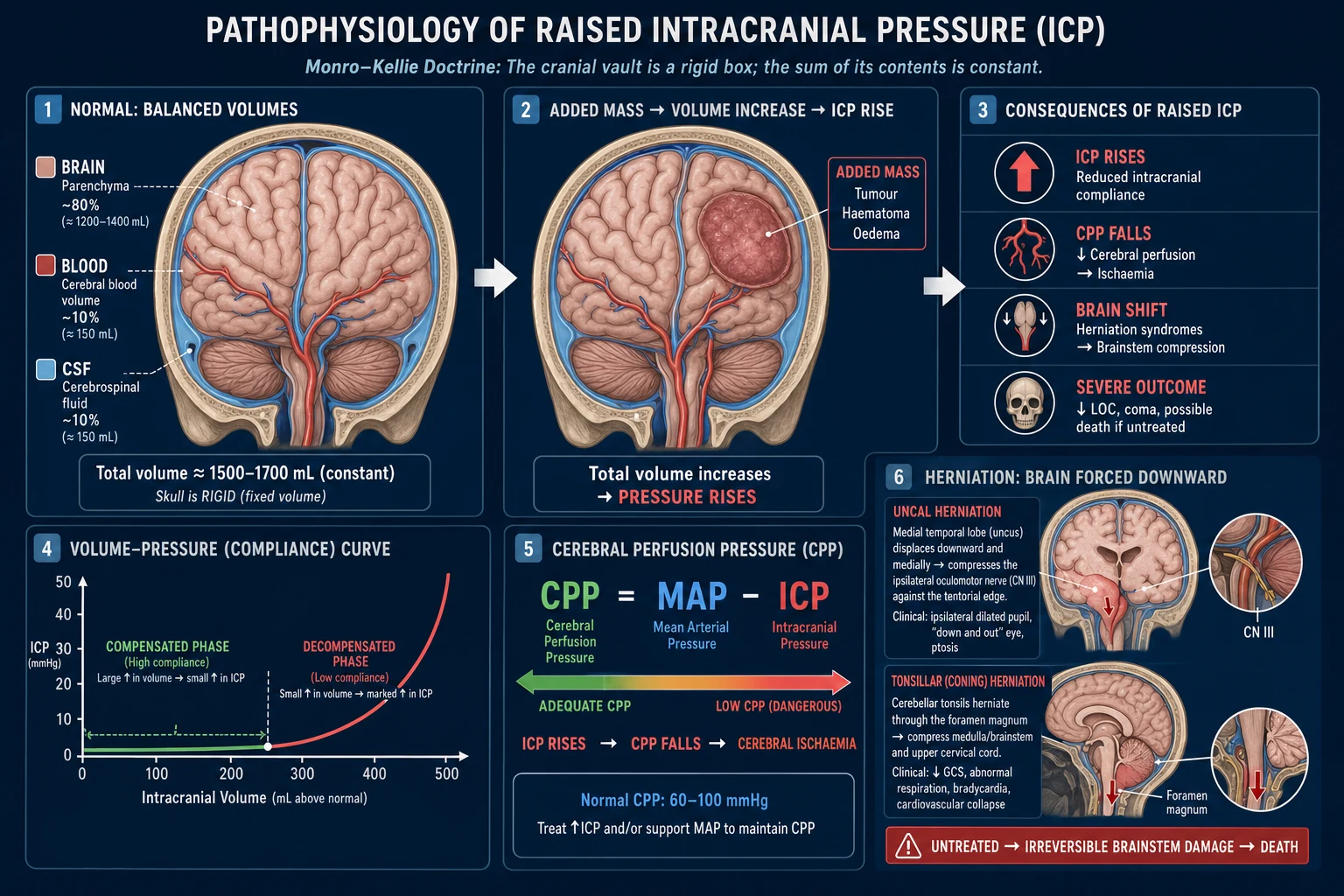 Pathophysiology infographic of raised ICP: Monro-Kellie doctrine, volume-pressure curve, CPP equation and herniation