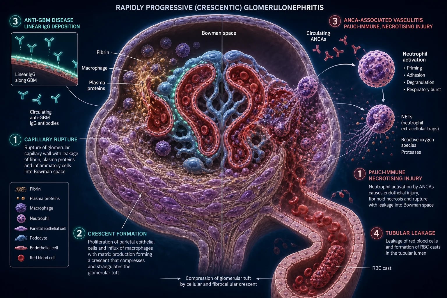 Cinematic 3D cross-section of a glomerulus showing crescent formation, anti-GBM linear IgG deposition on one side and ANCA-pauci-immune NET-mediated necrosis on the other, with RBC casts leaking into the tubule