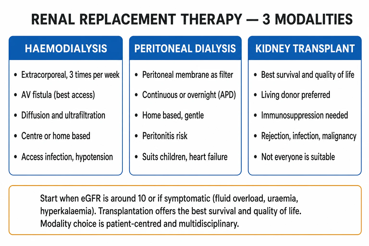 Clean three-column infographic of the three RRT modalities plus conservative care