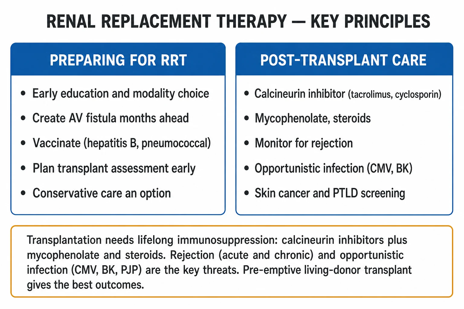 Clean infographic: indications to start RRT, HD adequacy targets, PD adequacy, transplant immunosuppression regimen and post-transplant threats