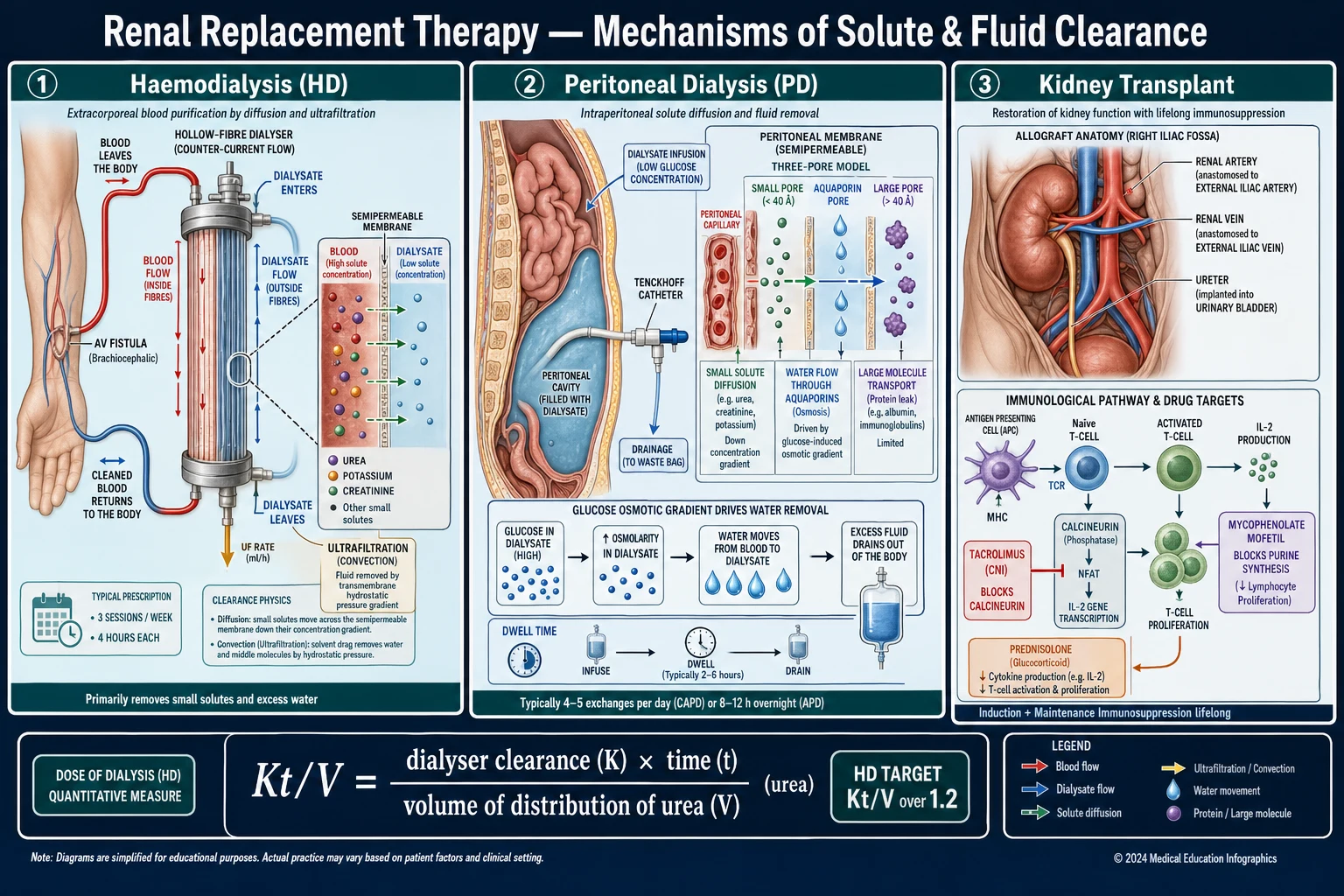 Three-panel mechanism infographic: haemodialysis counter-current diffusion and ultrafiltration; peritoneal dialysis three-pore model with glucose gradient; kidney transplant iliac fossa anatomy with T-cell activation and immunosuppression drug targets