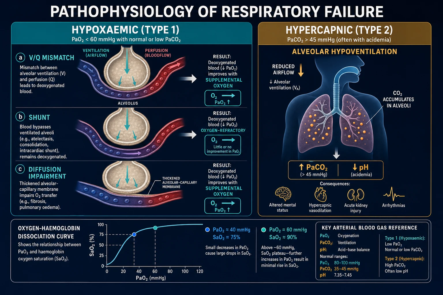 Mechanism infographic: alveolar gas equation, five mechanisms of hypoxaemia, Haldane effect and oxygen-induced hypercapnia, CO2 narcosis cascade
