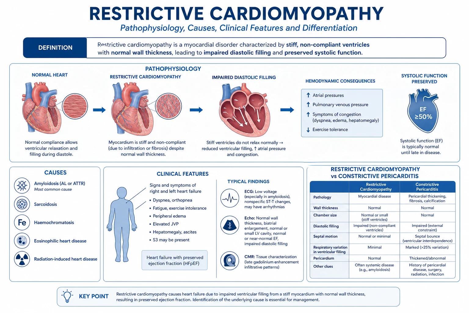 Mechanism infographic: amyloid fibril deposition in extracellular matrix raises ventricular stiffness, shifts pressure-volume curve, produces dip-and-plateau square-root sign, bi-atrial enlargement, preserved EF; conduction system infiltration causes AV block and AF